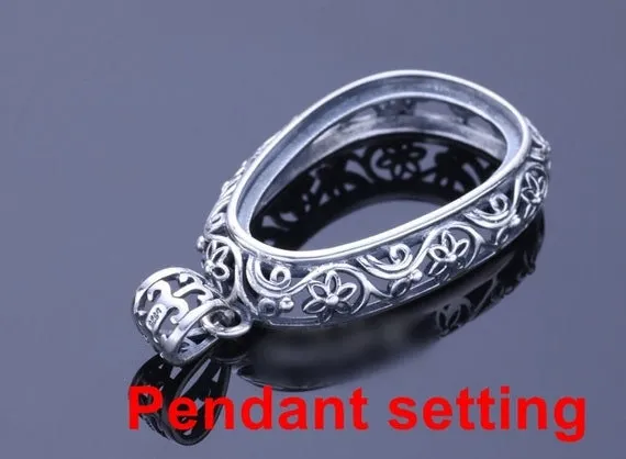 Necklace Pendant Setting Blank Bezel 19.5x34.5mm 1pc 8.2g 925 Sterling Silver for 1 Drop Shape Cabochon Cameo No Prongs Wholesale Available