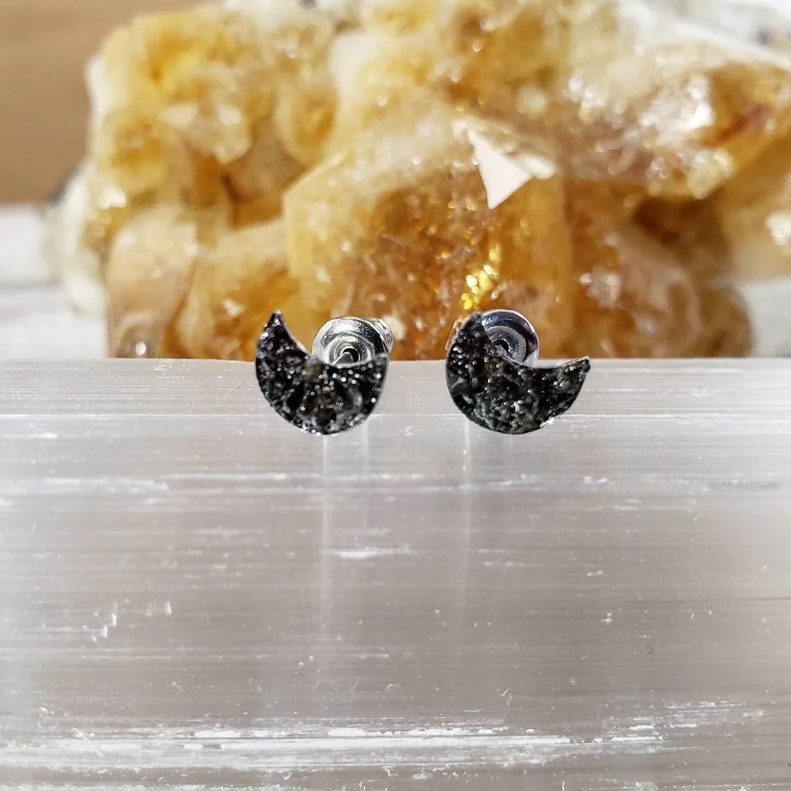 Obsidian moon stud earrings