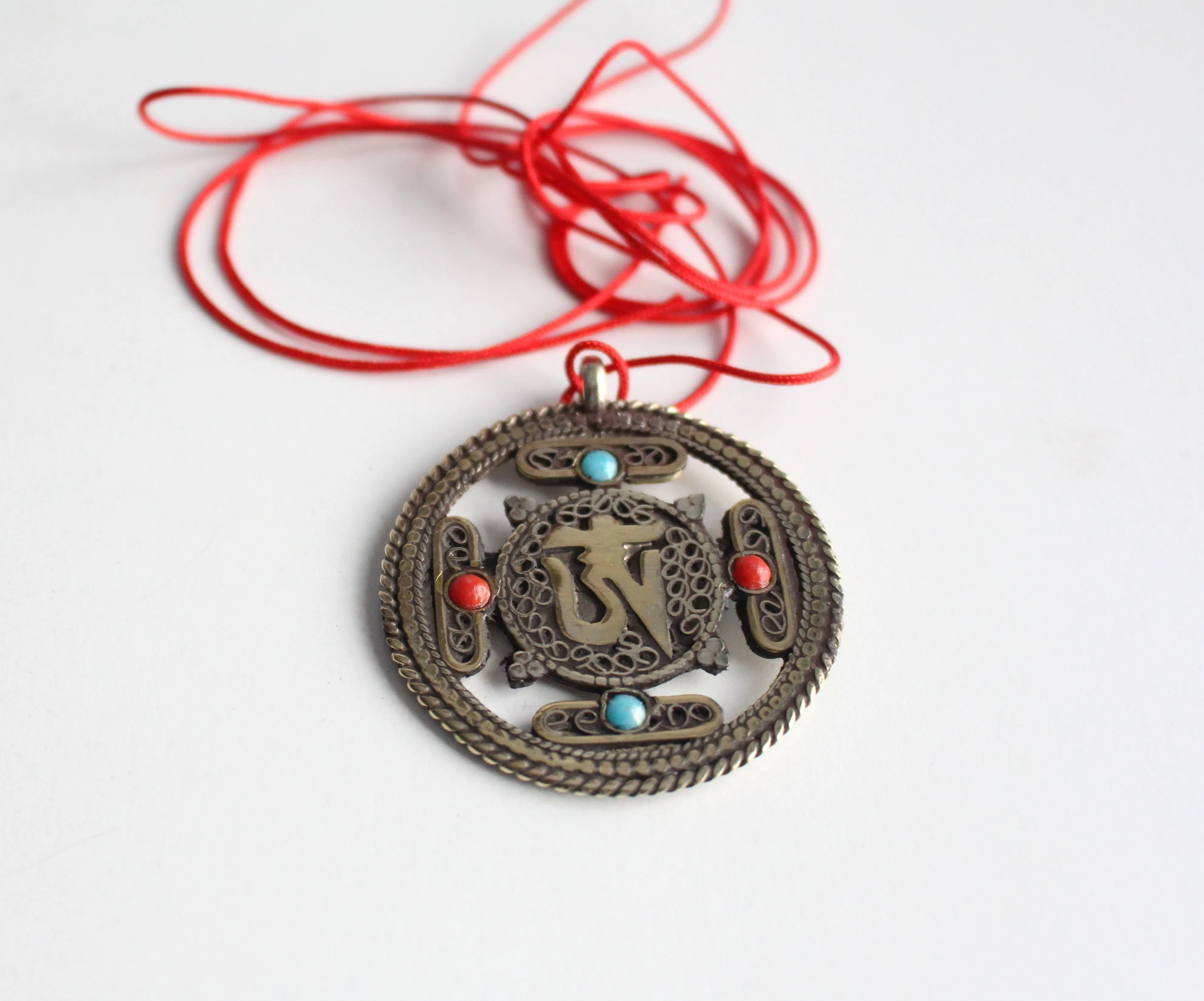 Om & Double Dorjee White Metal Tibetan Mandala Pendant