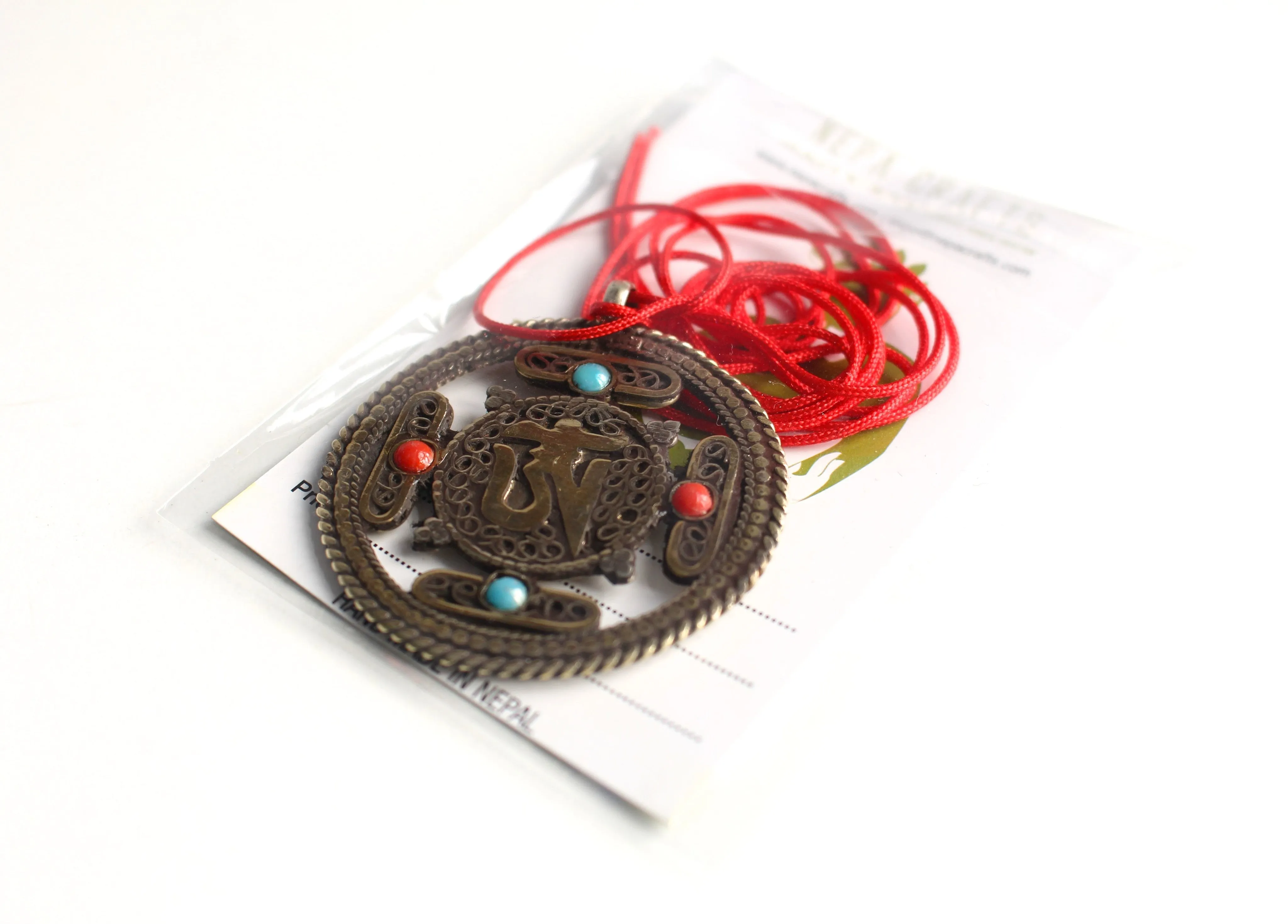 Om & Double Dorjee White Metal Tibetan Mandala Pendant