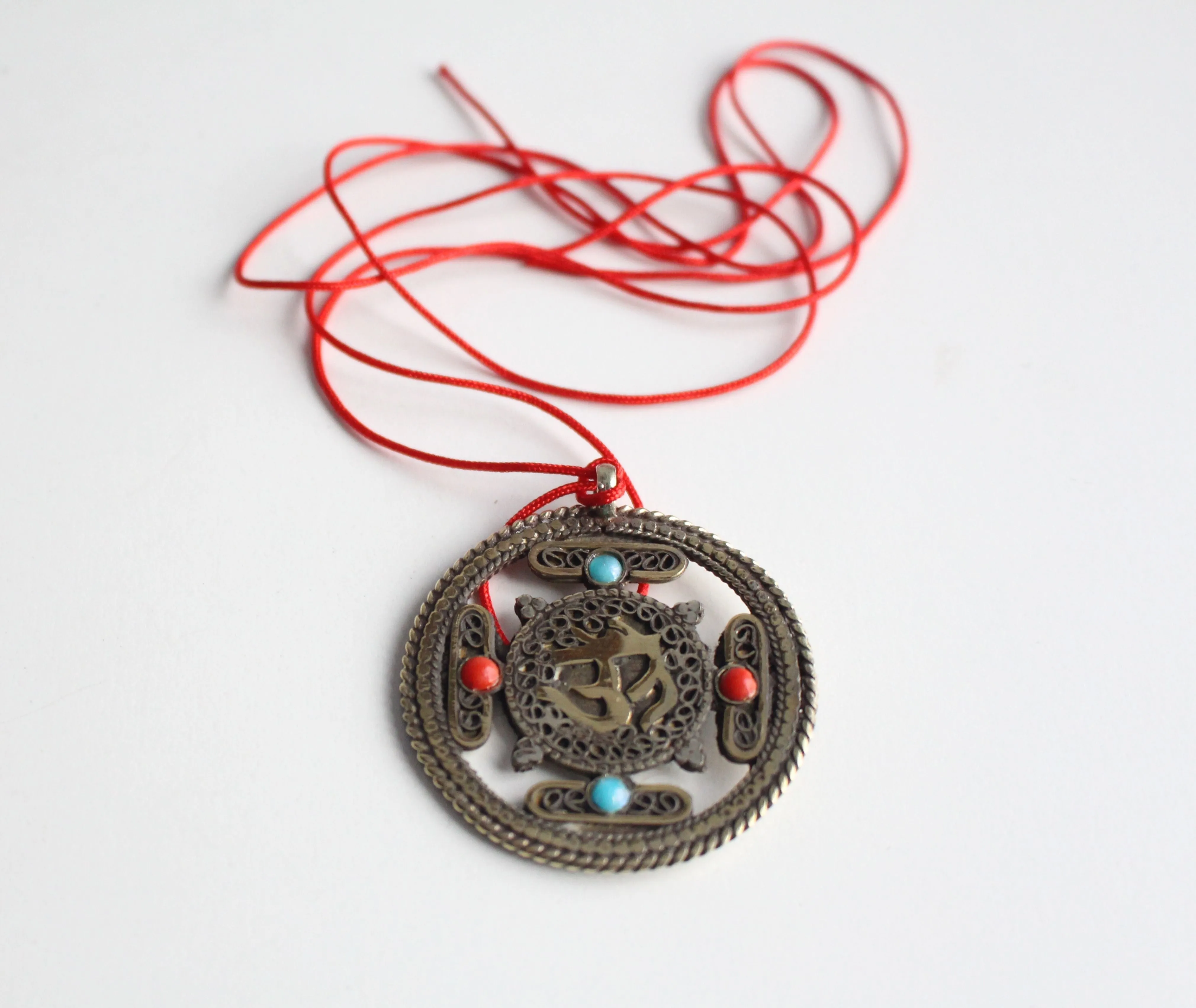 Om White Metal Tibetan Mandala Pendant