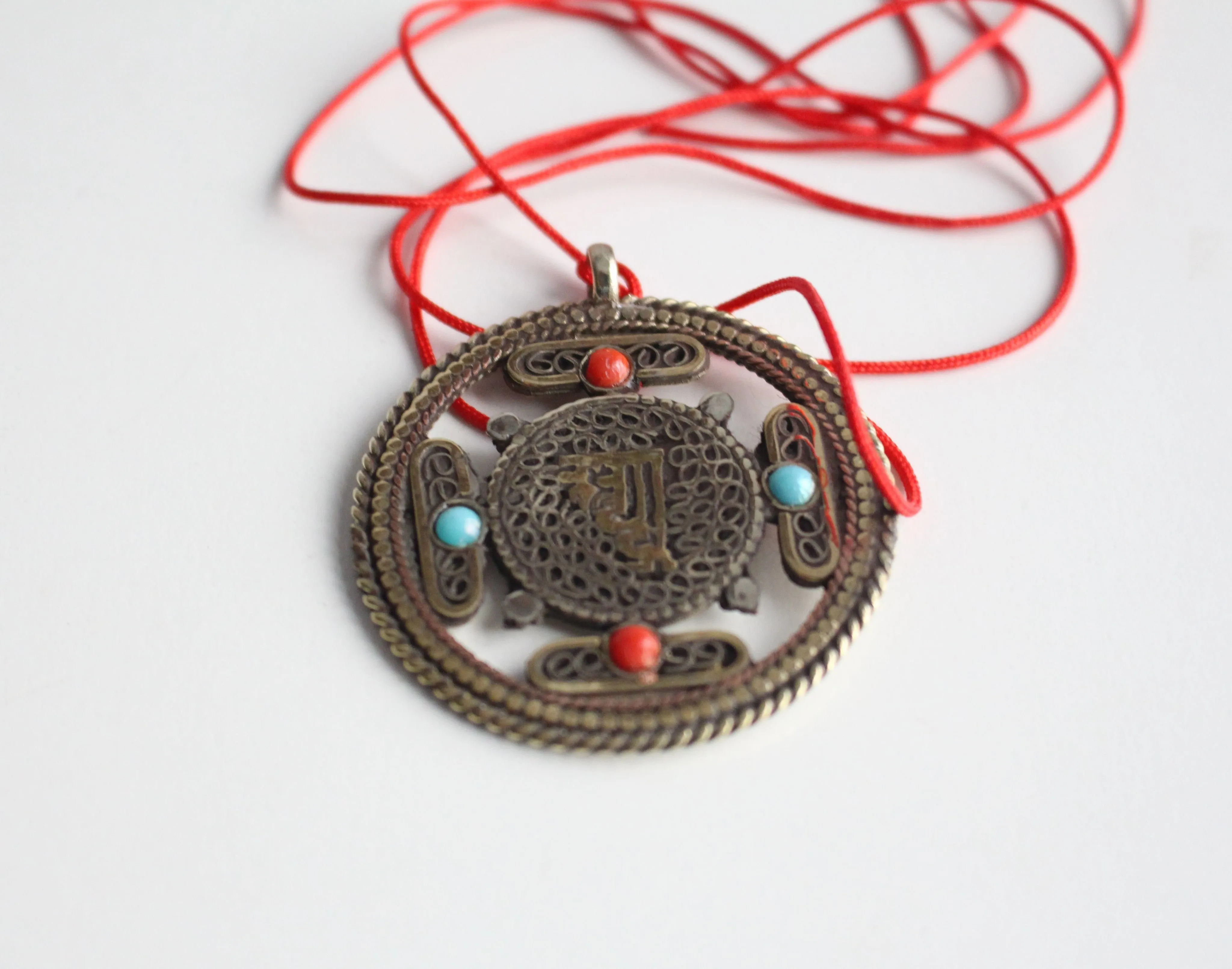 Om White Metal Tibetan Mandala Pendant