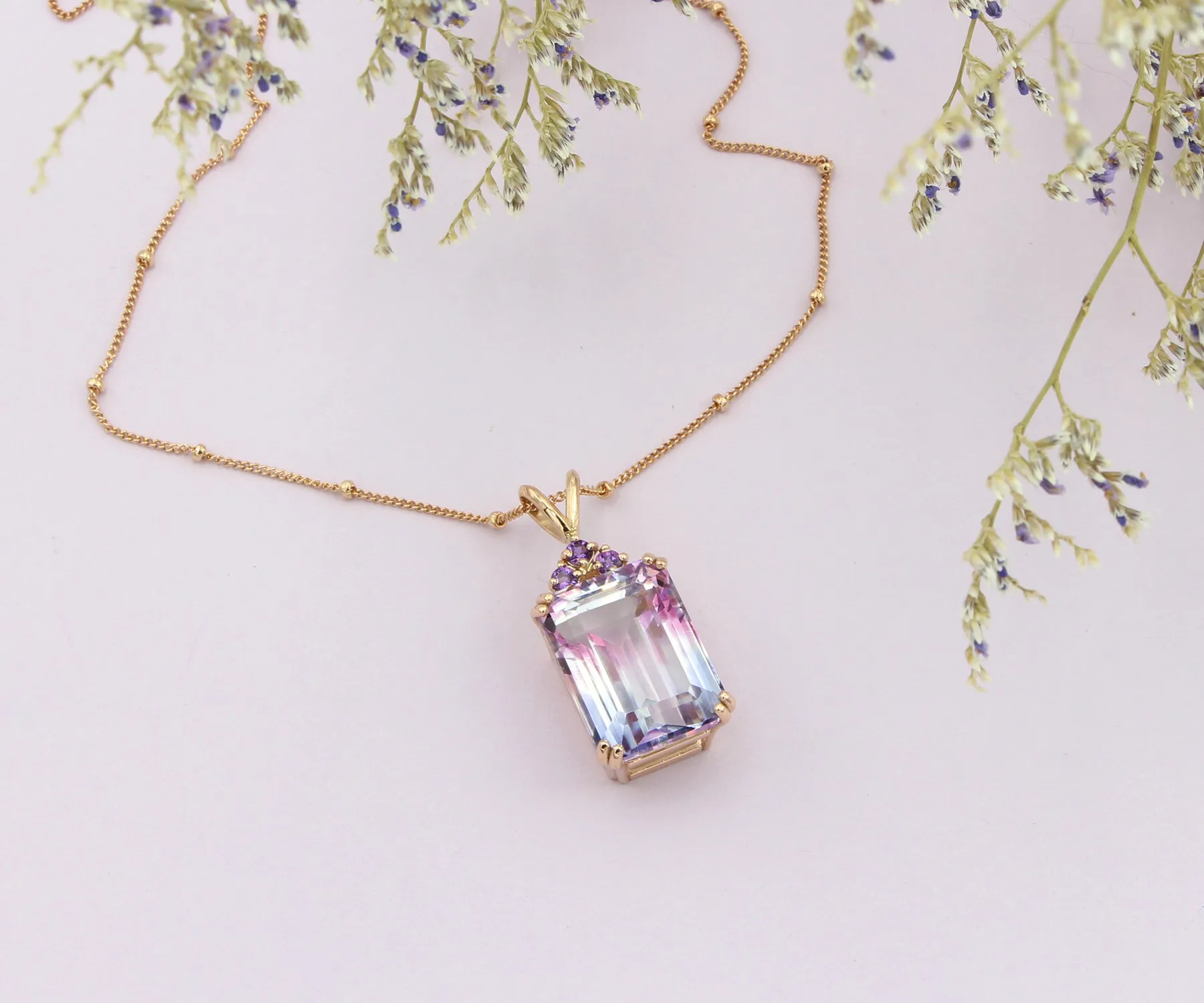 Ombre Pink Topaz Amethyst Rose Gold Necklace