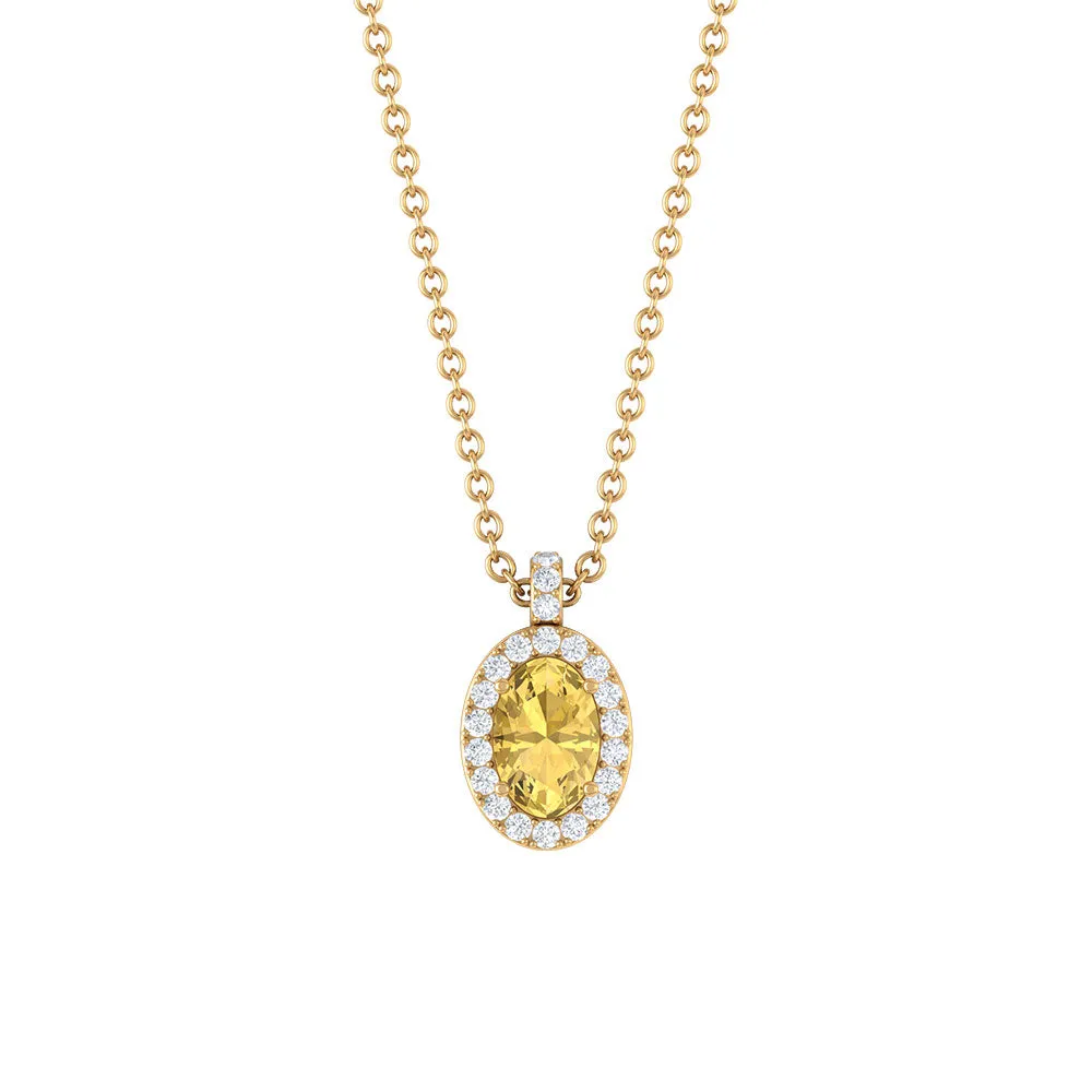 Oval Cut Citrine and Diamond Halo Pendant