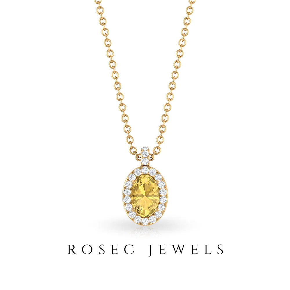 Oval Cut Citrine and Diamond Halo Pendant