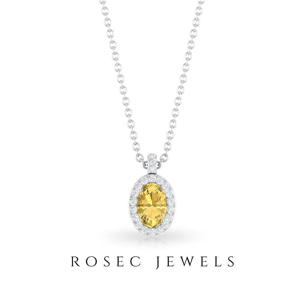 Oval Cut Citrine and Diamond Halo Pendant