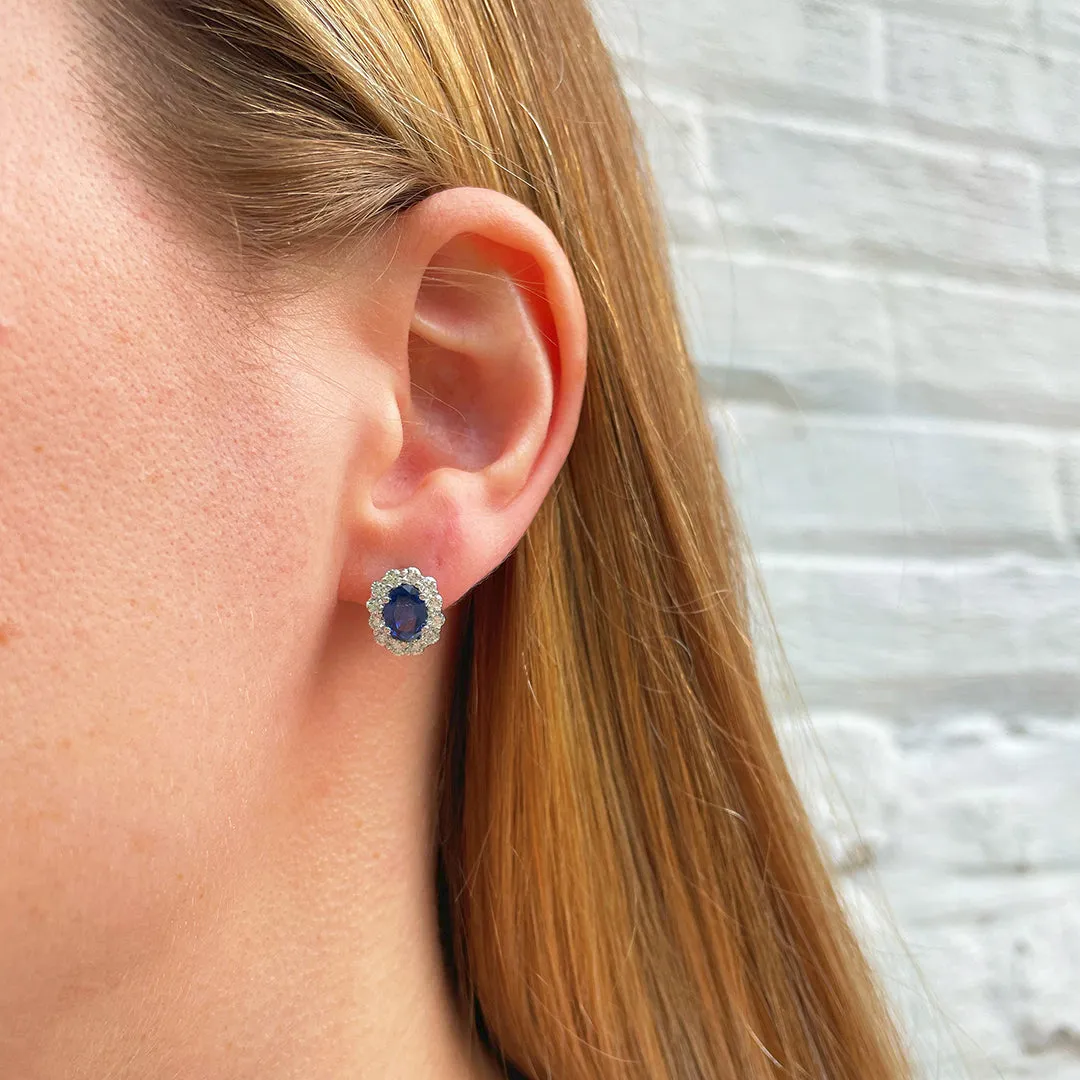Oval Sapphire & Diamond Halo 18K White Gold Stud Earrings