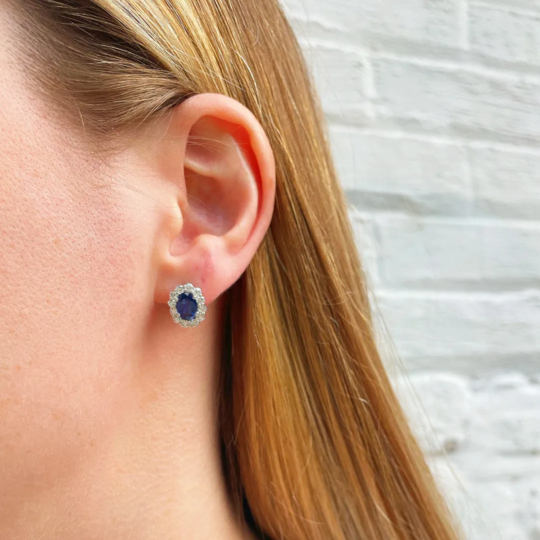 Oval Sapphire & Diamond Halo 18K White Gold Stud Earrings