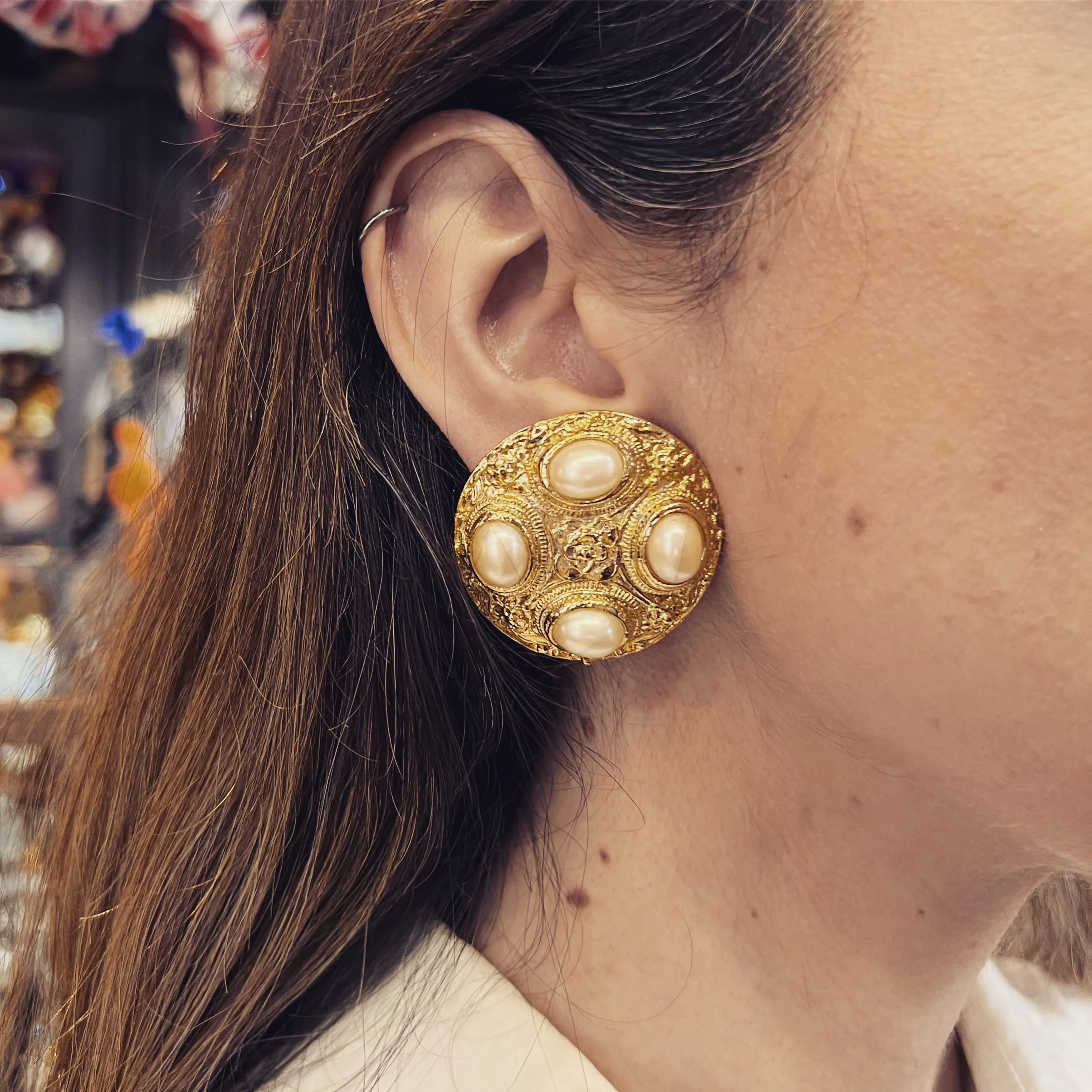 Pearl and Gold Vintage Statement Clip on Earrings 012