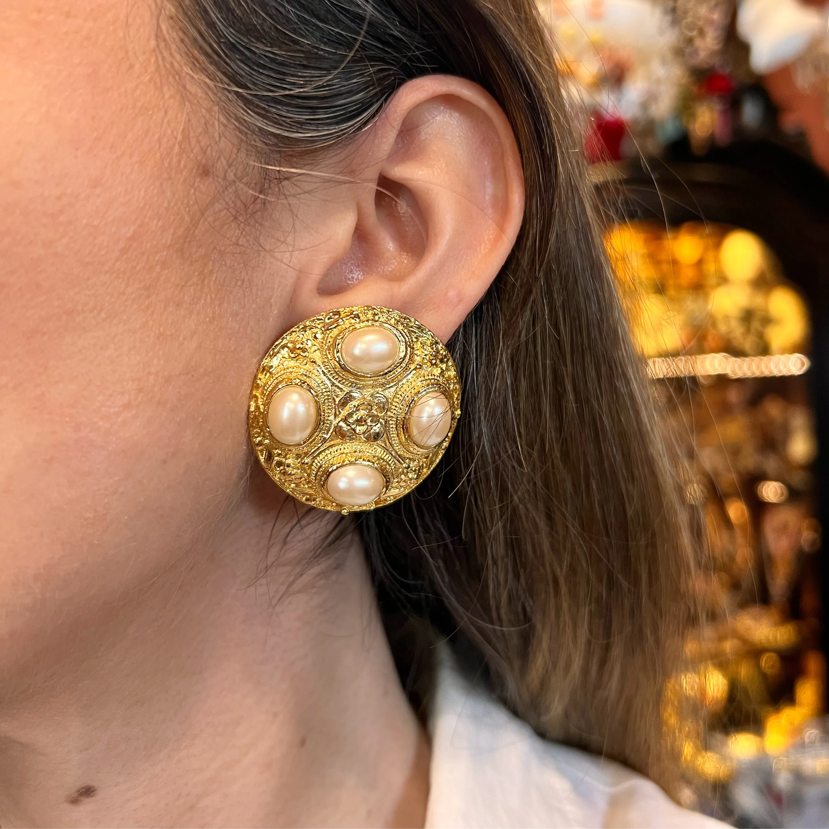Pearl and Gold Vintage Statement Clip on Earrings 012