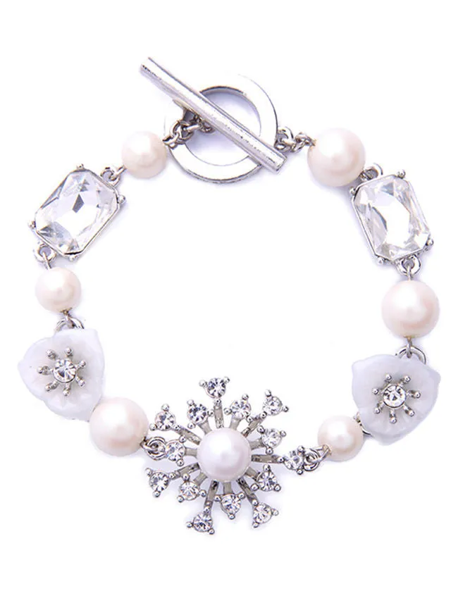 Pearl Link Toggle Bracelet Rhinestone Faux