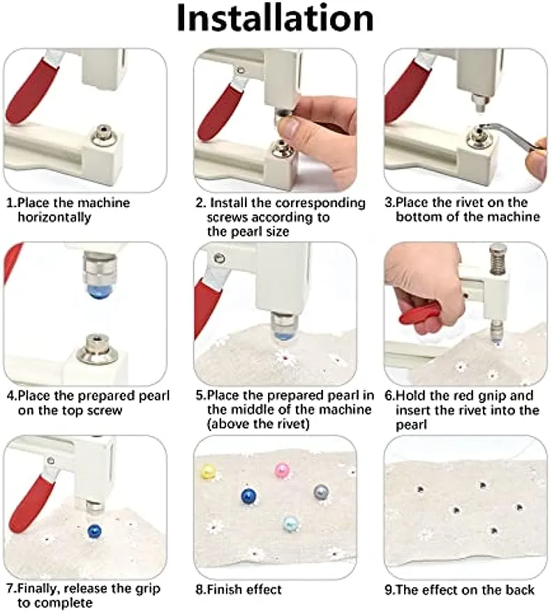 Pearl Setting Machine Hand Press Pearl Setting Tools 5 Sizes no Holes Round Pearls Beads and Rivet Studs, for Hats Shoes Clothes Bags Skirts, Beads DIY Craft