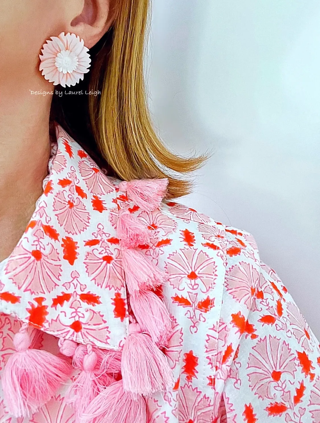 Pink & White Pearl Sunflower Flower Earrings