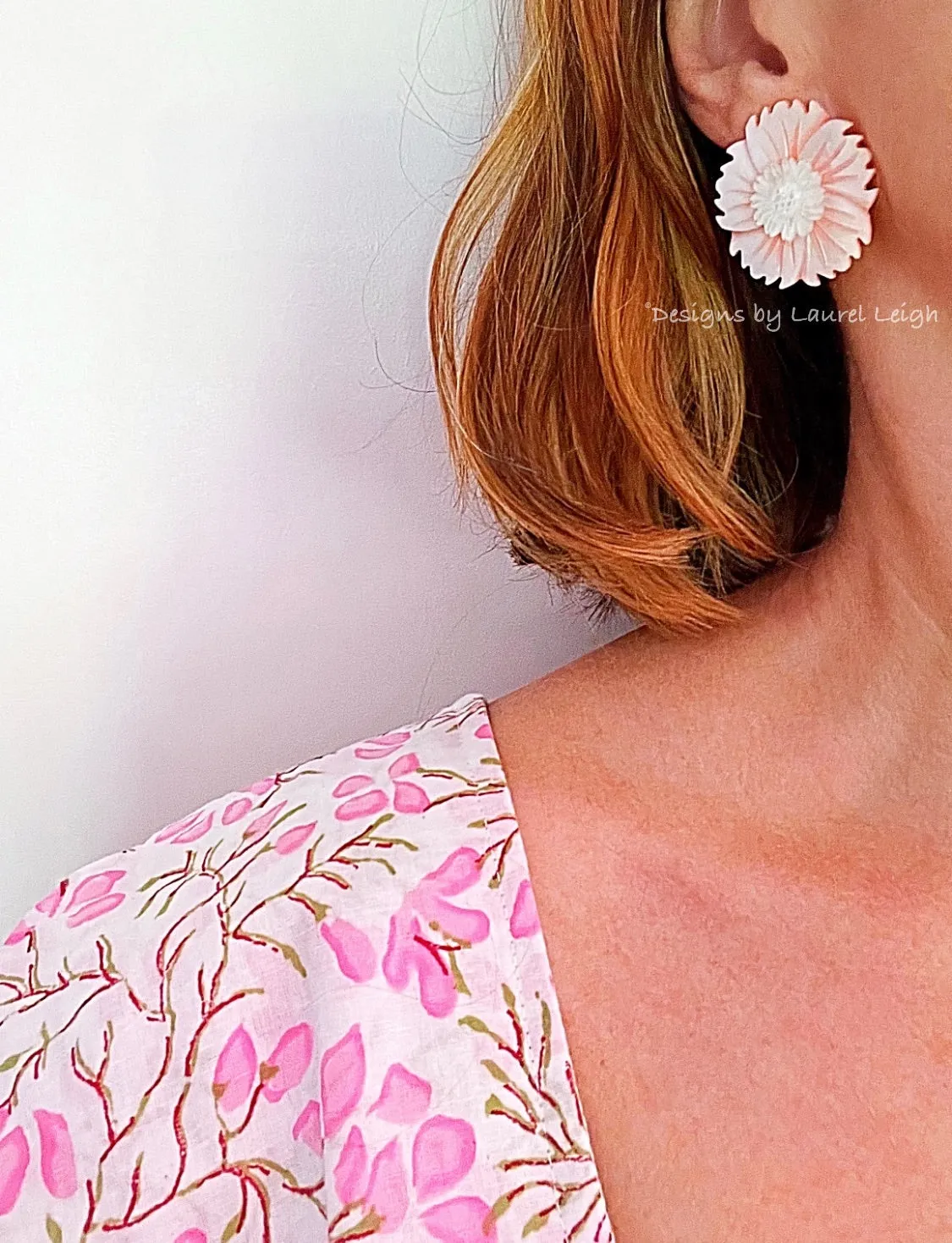 Pink & White Pearl Sunflower Flower Earrings