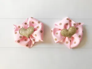 Pink and Gold Polka Dots Mini Pinwheel Hair Bow Set I The Enchanted Magnolia