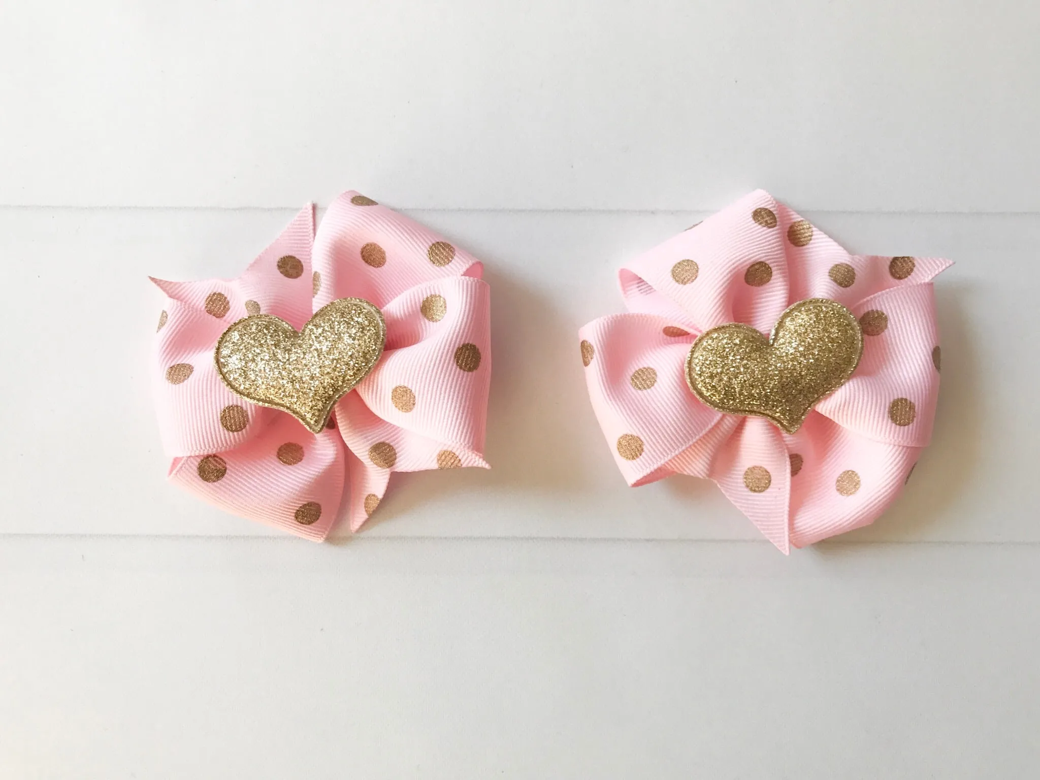 Pink and Gold Polka Dots Mini Pinwheel Hair Bow Set I The Enchanted Magnolia