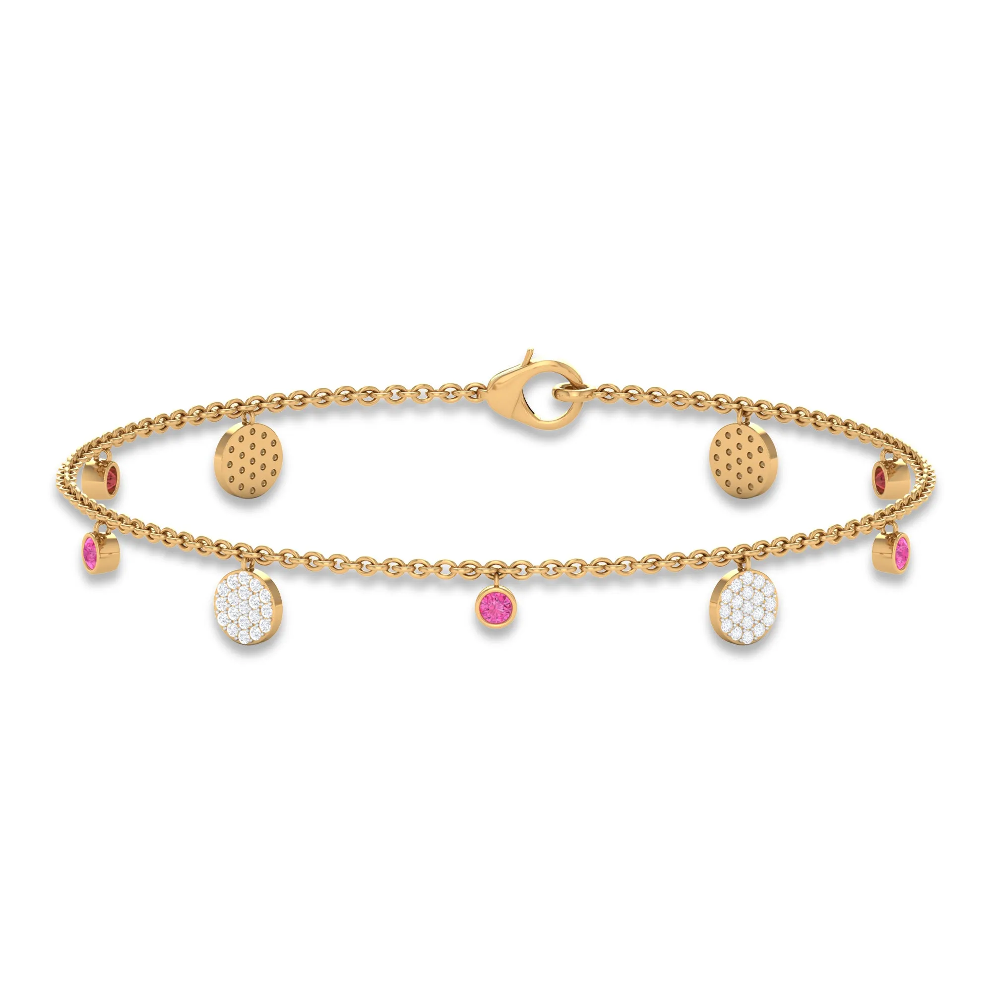 Pink Sapphire and Diamond Station Chain Charm Bracelet