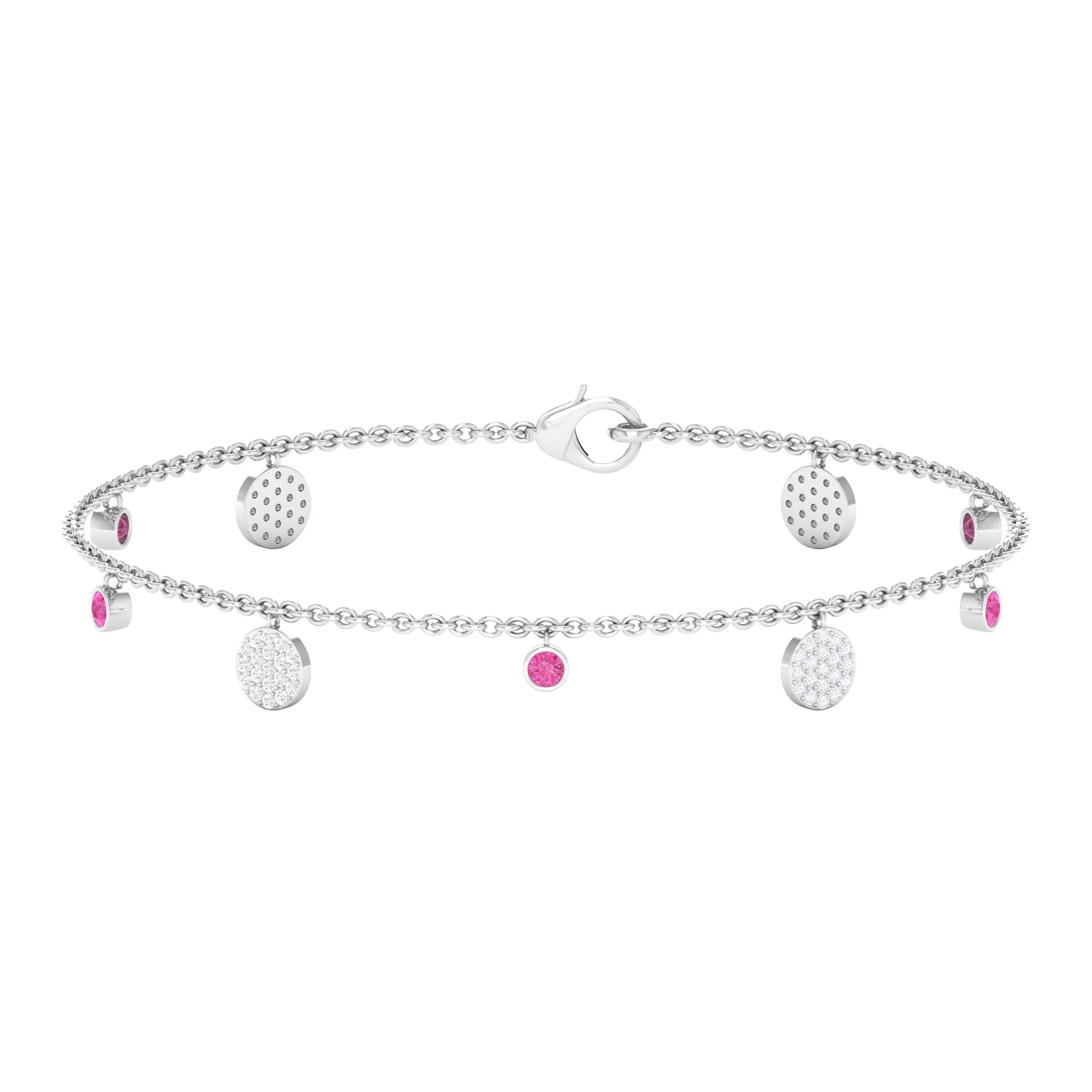 Pink Sapphire and Diamond Station Chain Charm Bracelet