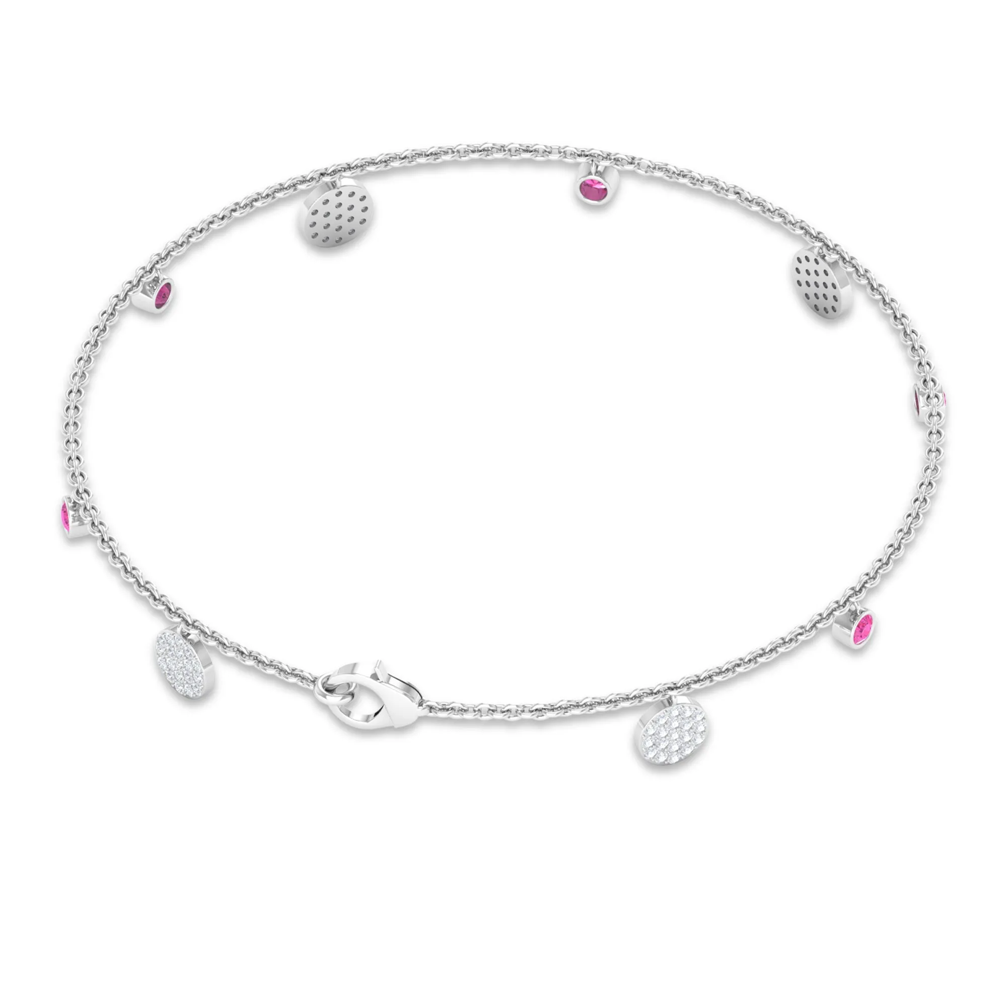 Pink Sapphire and Diamond Station Chain Charm Bracelet