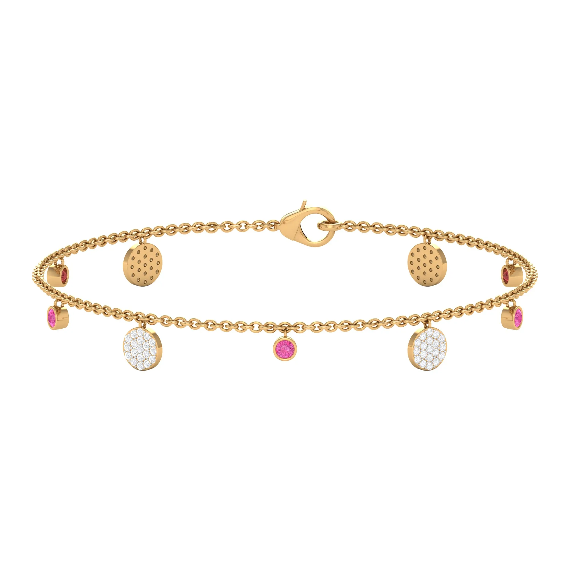 Pink Sapphire and Diamond Station Chain Charm Bracelet