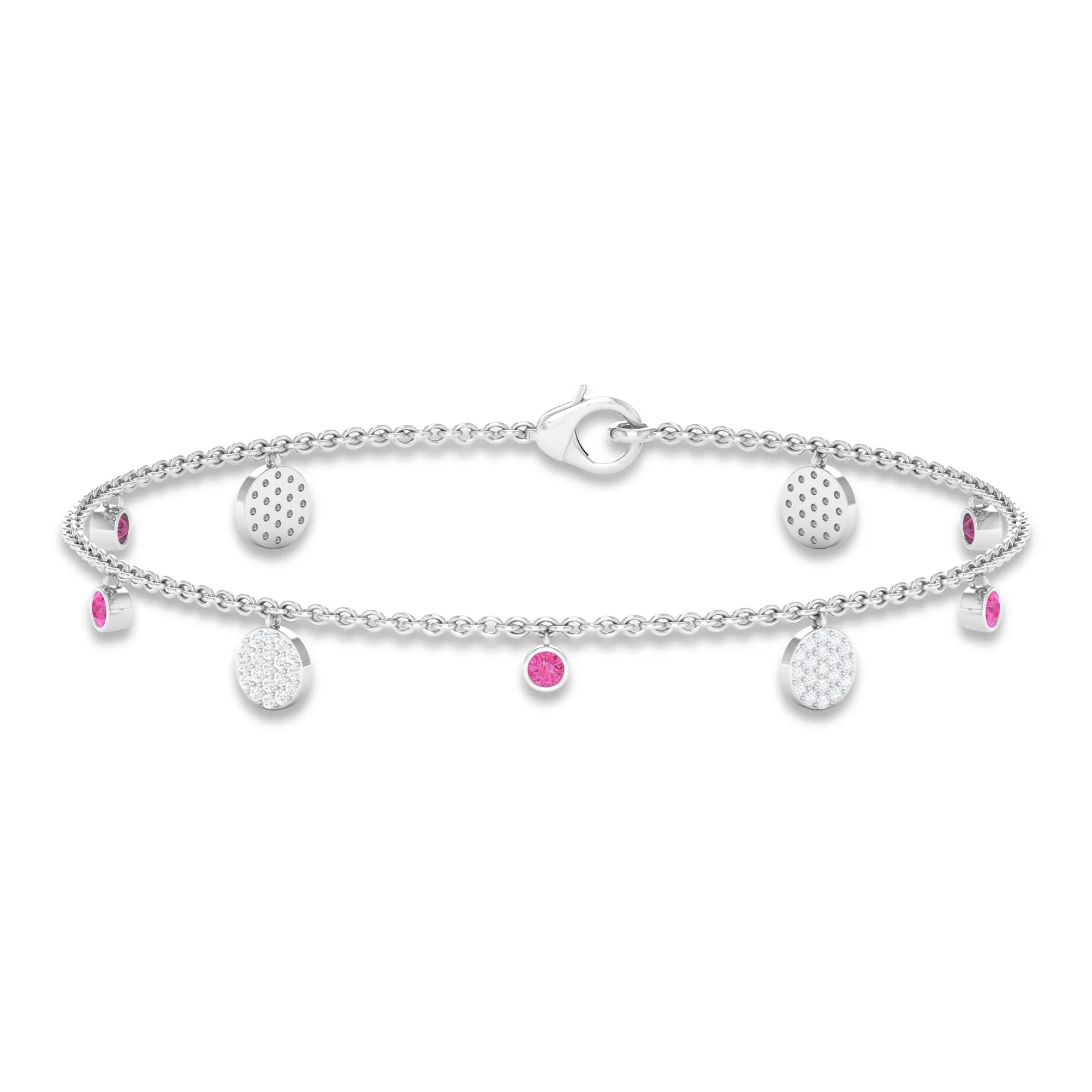 Pink Sapphire and Diamond Station Chain Charm Bracelet