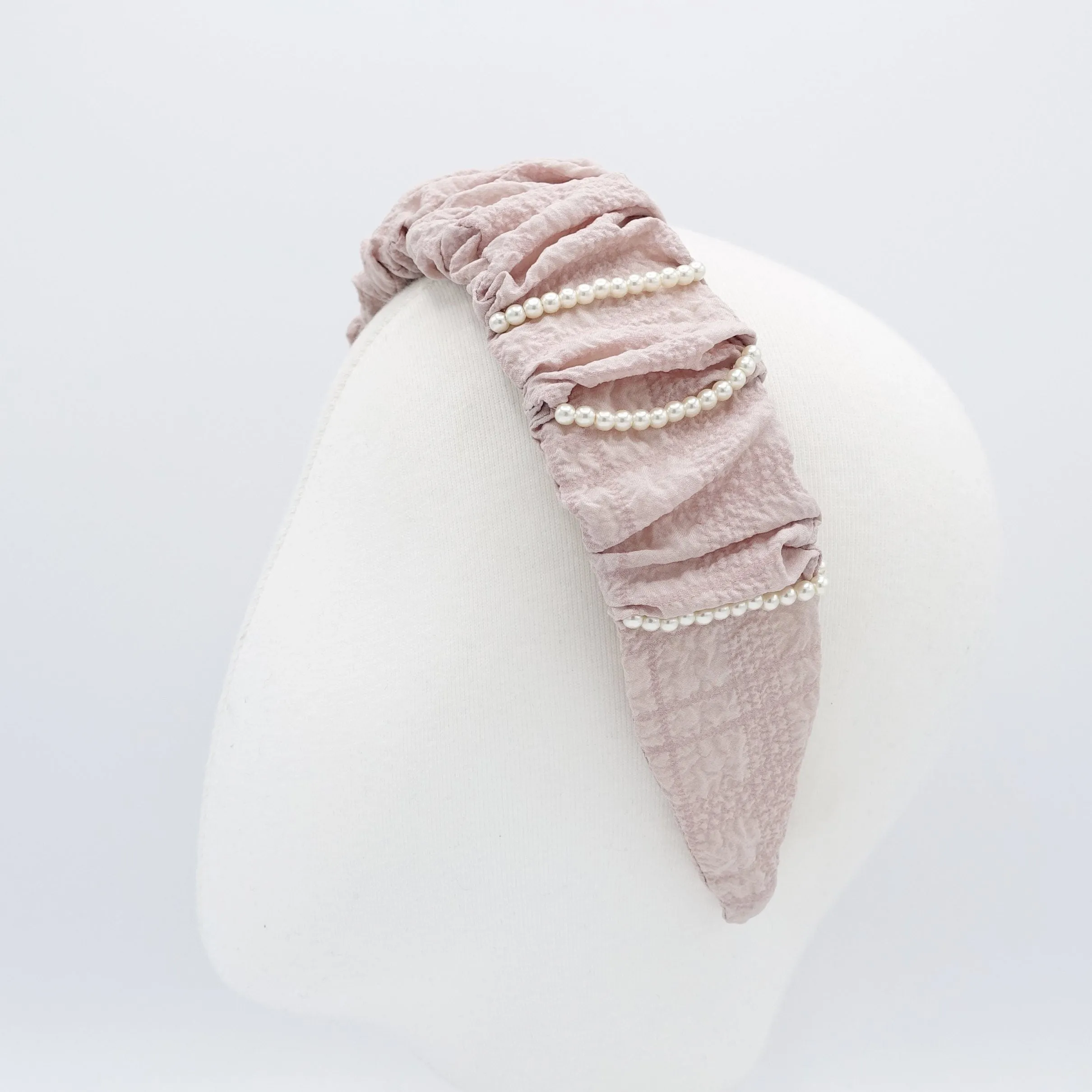 pleated headband pearl beaded ornaments embellished hairband  crinkled fabric hair accessory for women