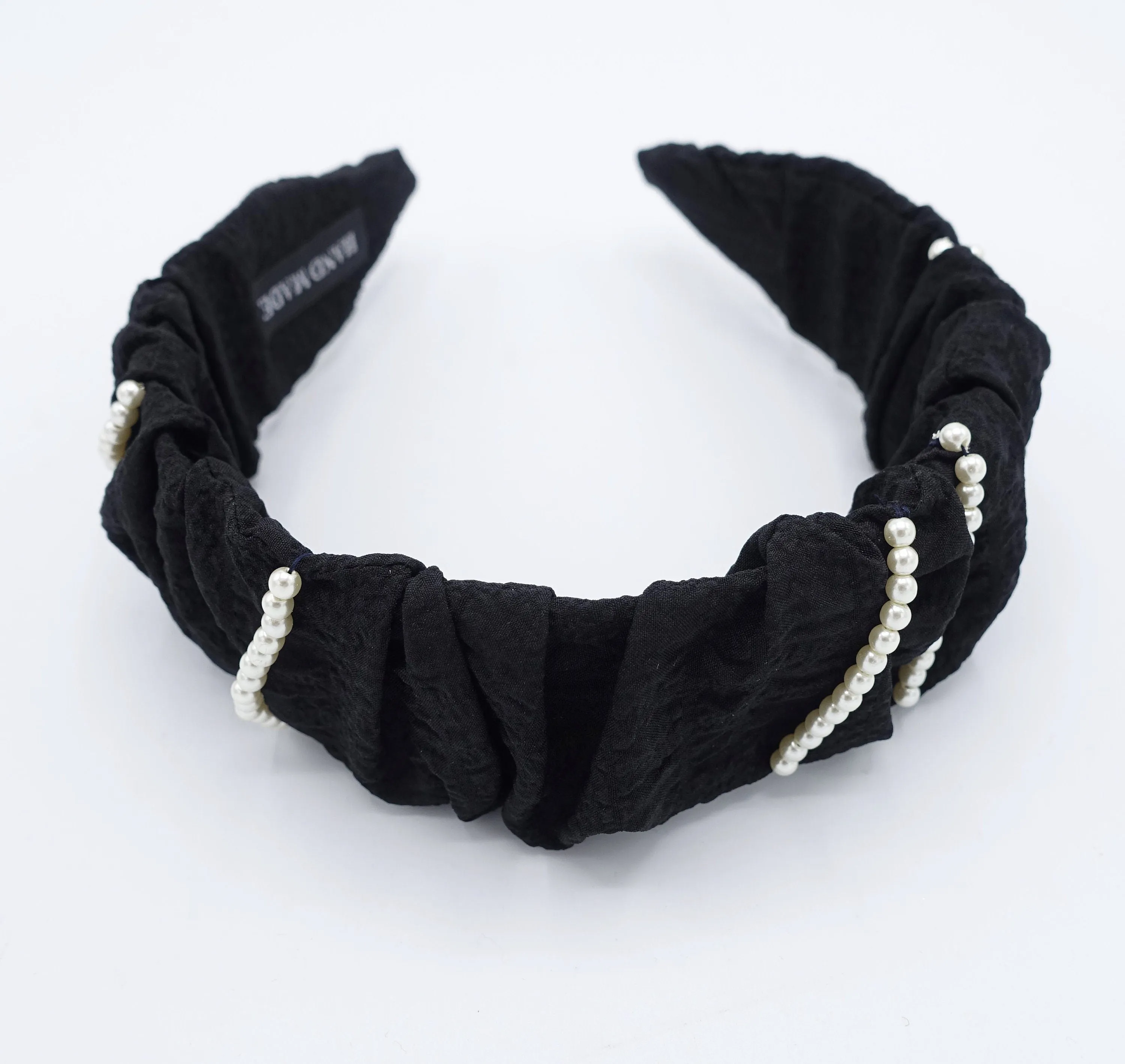 pleated headband pearl beaded ornaments embellished hairband  crinkled fabric hair accessory for women