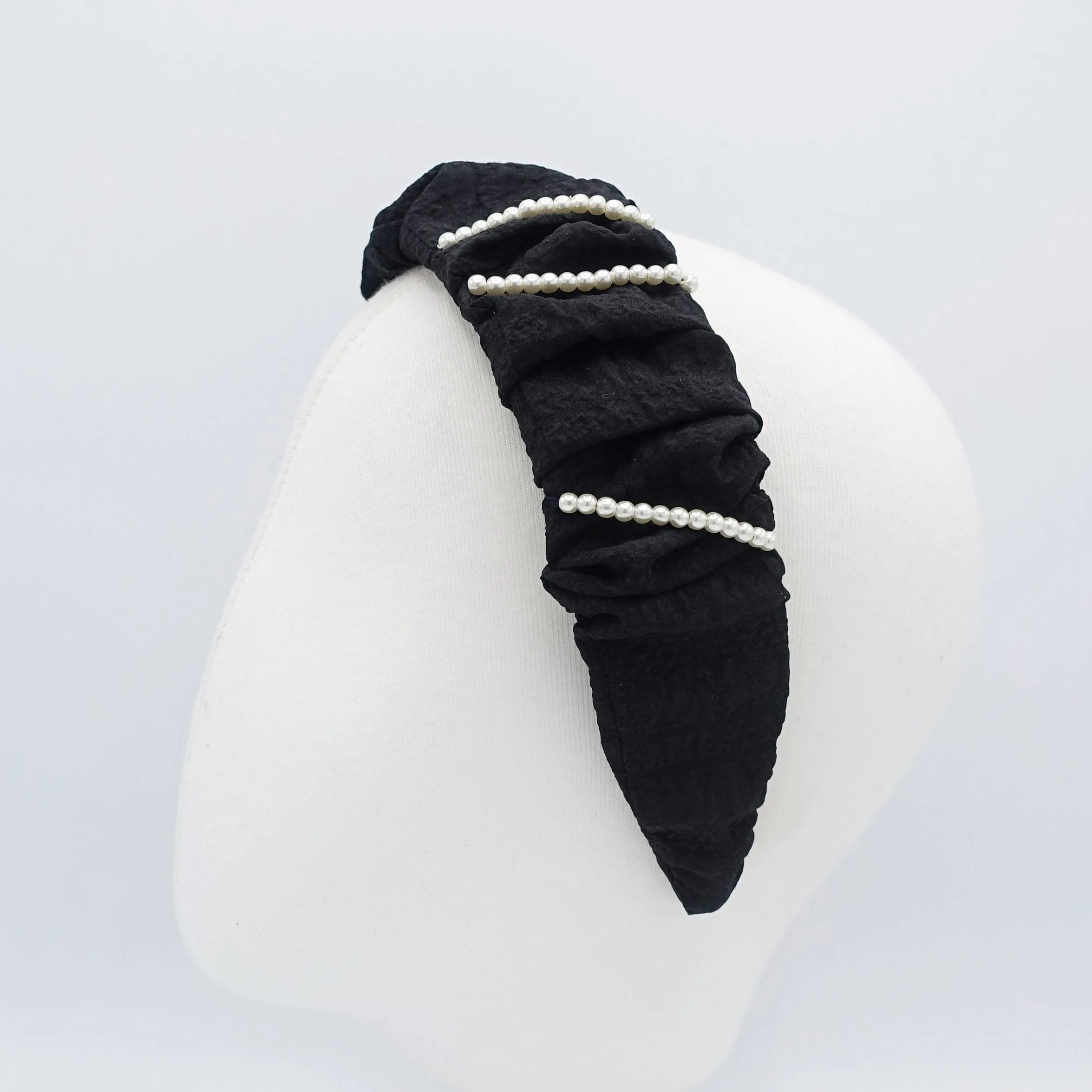 pleated headband pearl beaded ornaments embellished hairband  crinkled fabric hair accessory for women