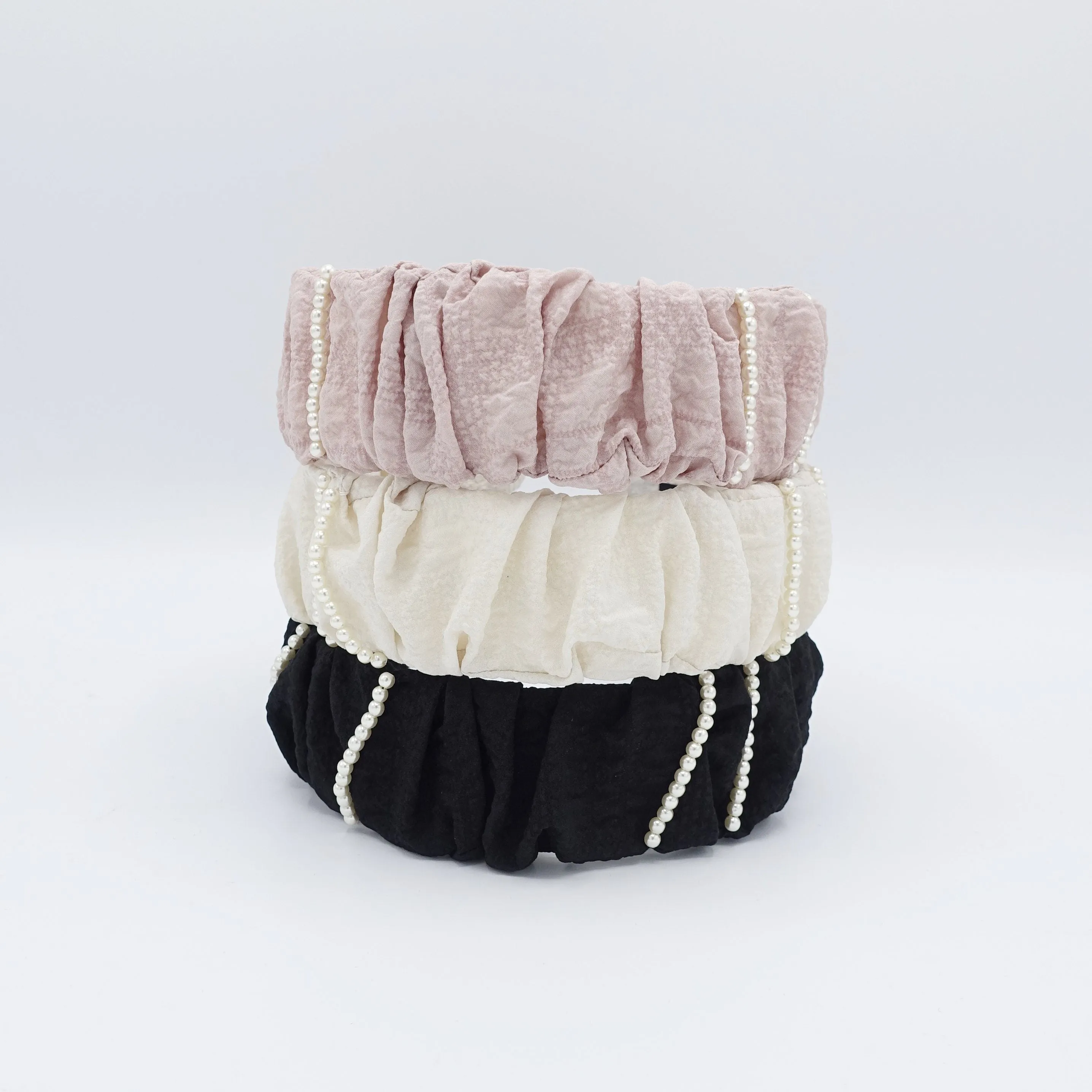 pleated headband pearl beaded ornaments embellished hairband  crinkled fabric hair accessory for women