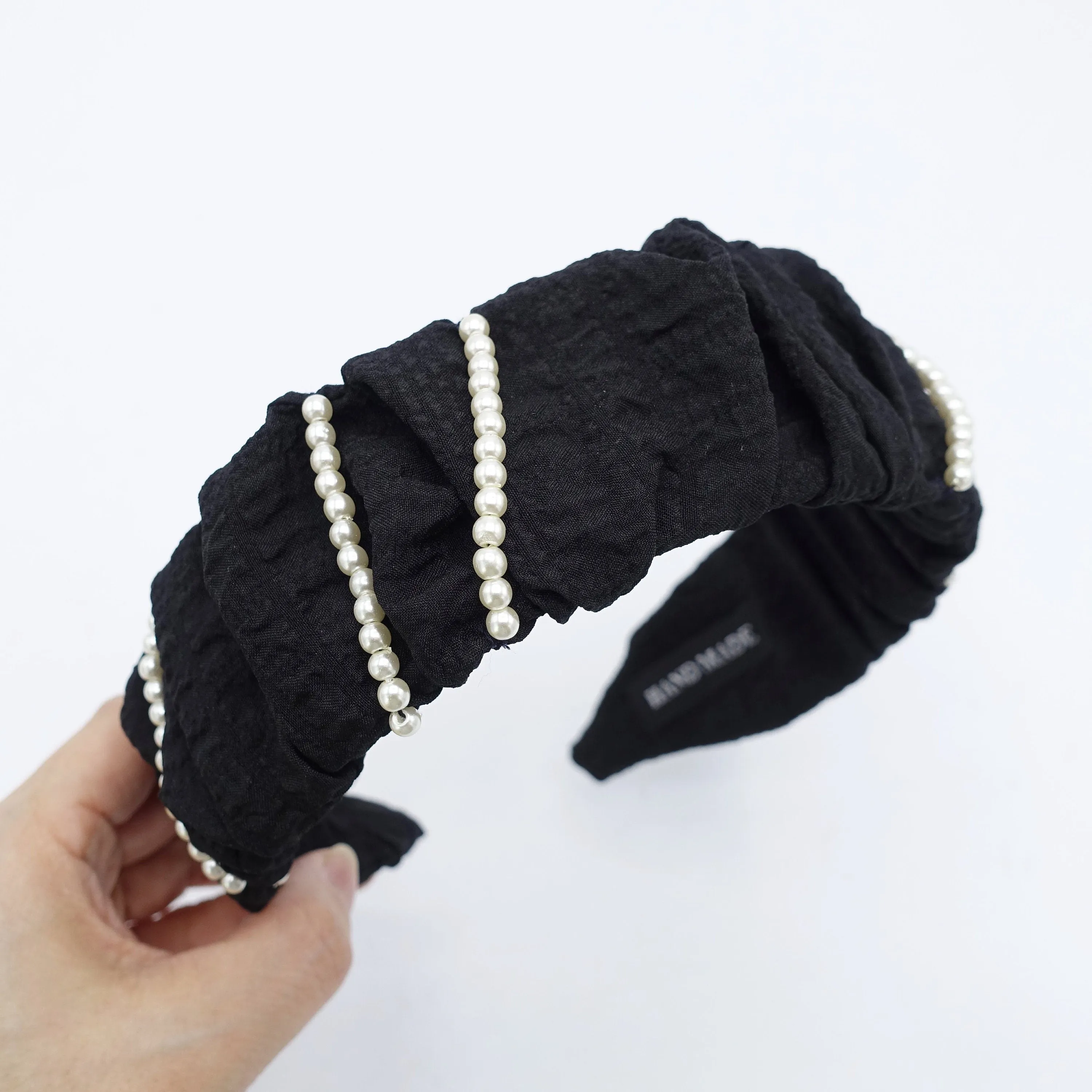 pleated headband pearl beaded ornaments embellished hairband  crinkled fabric hair accessory for women