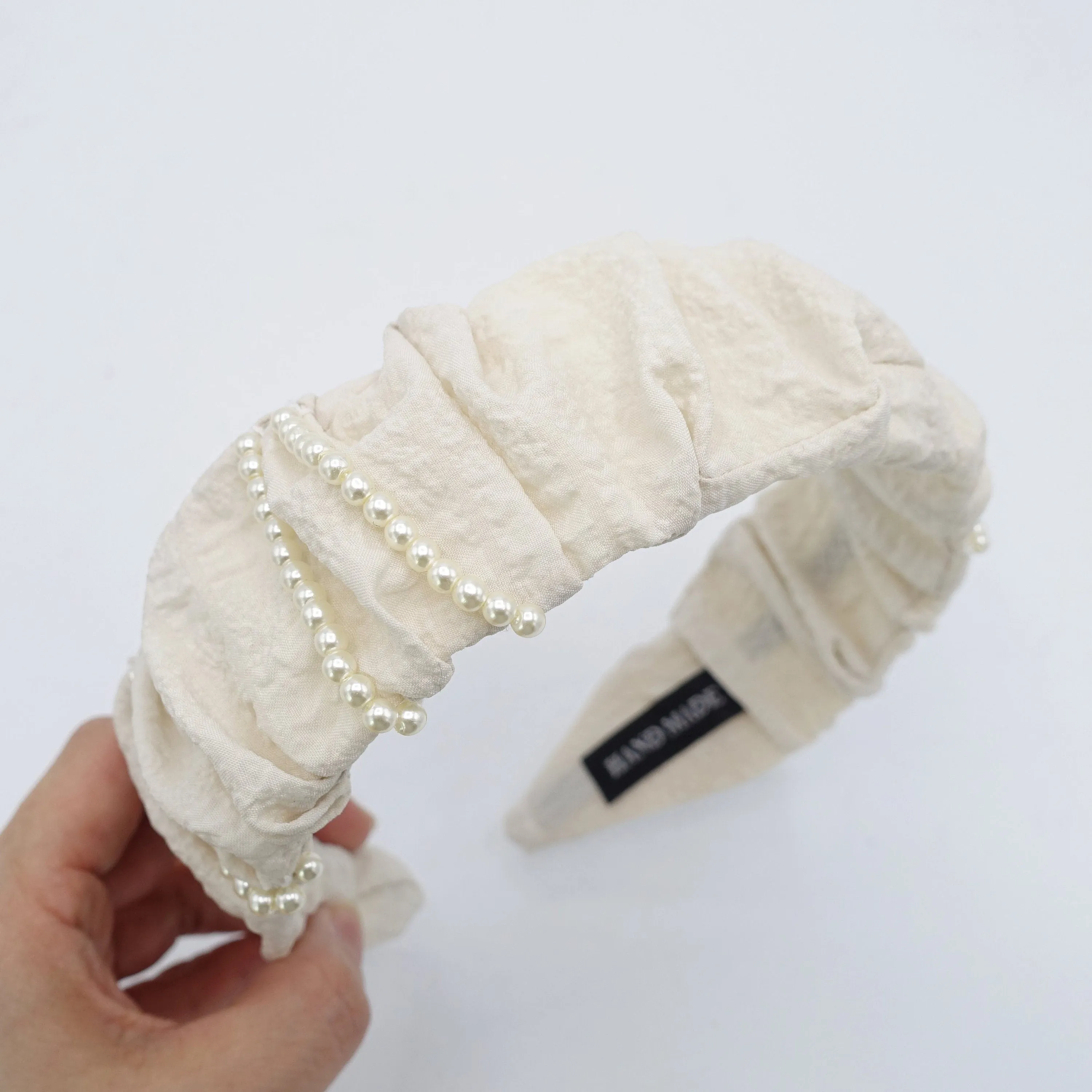 pleated headband pearl beaded ornaments embellished hairband  crinkled fabric hair accessory for women
