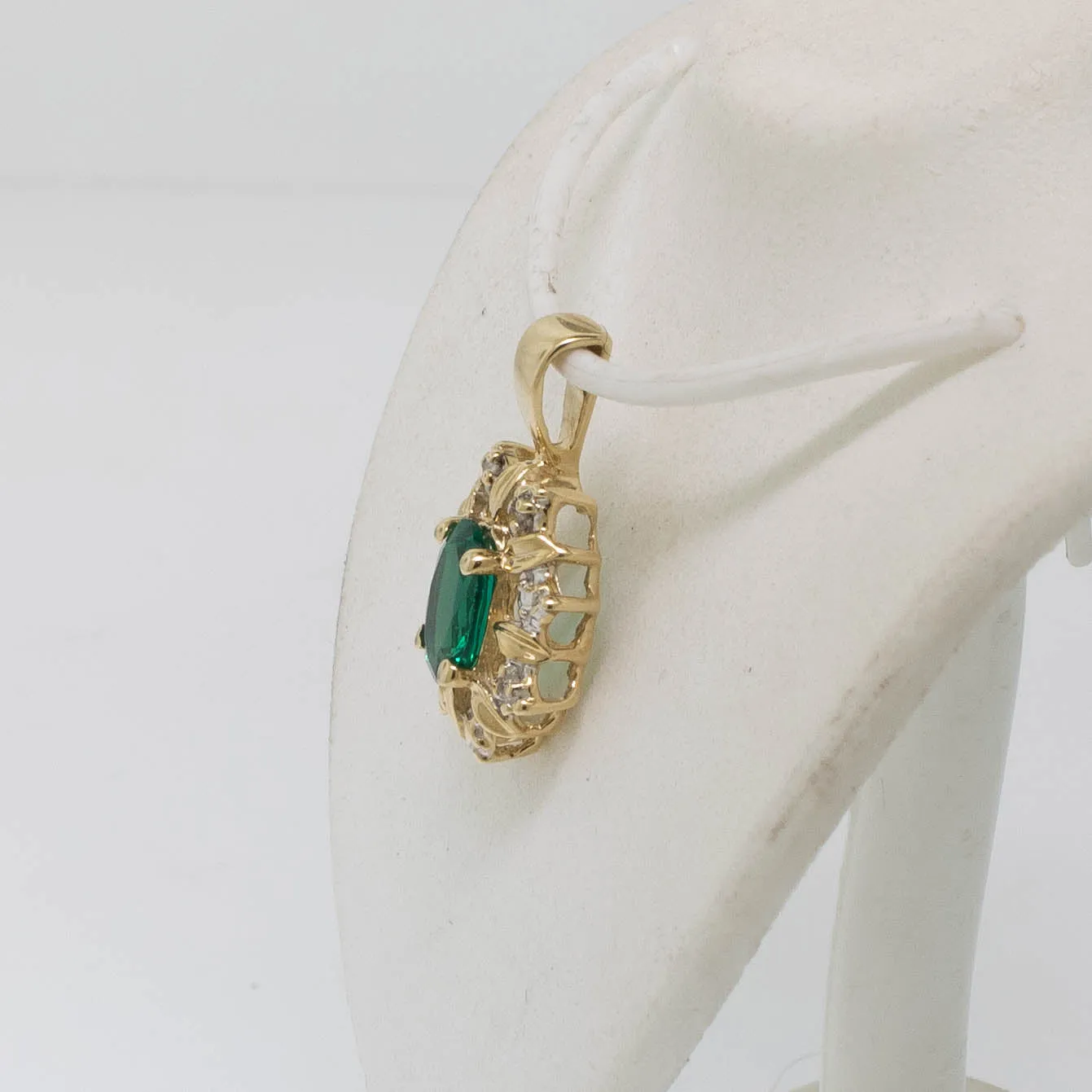 Preowned 14K Yellow Gold Pendant with Oval Synthetic Green Stone and Diamonds