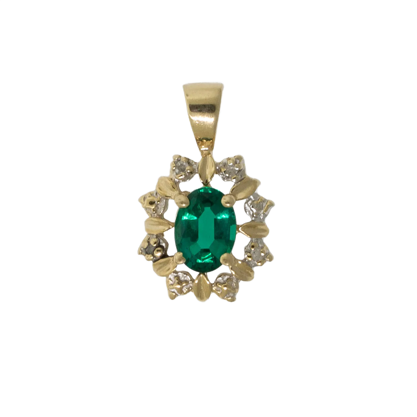 Preowned 14K Yellow Gold Pendant with Oval Synthetic Green Stone and Diamonds