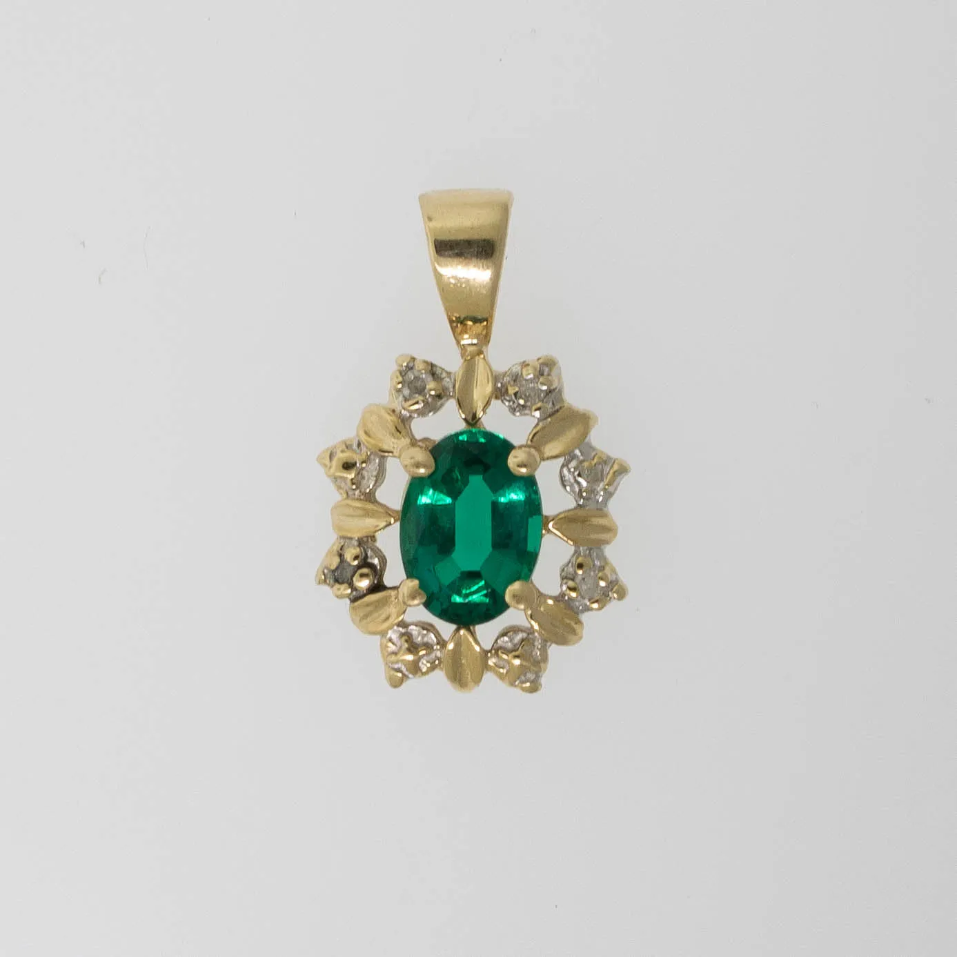 Preowned 14K Yellow Gold Pendant with Oval Synthetic Green Stone and Diamonds