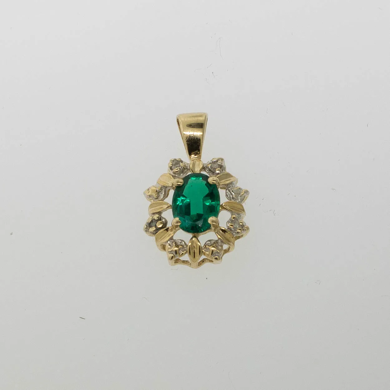 Preowned 14K Yellow Gold Pendant with Oval Synthetic Green Stone and Diamonds