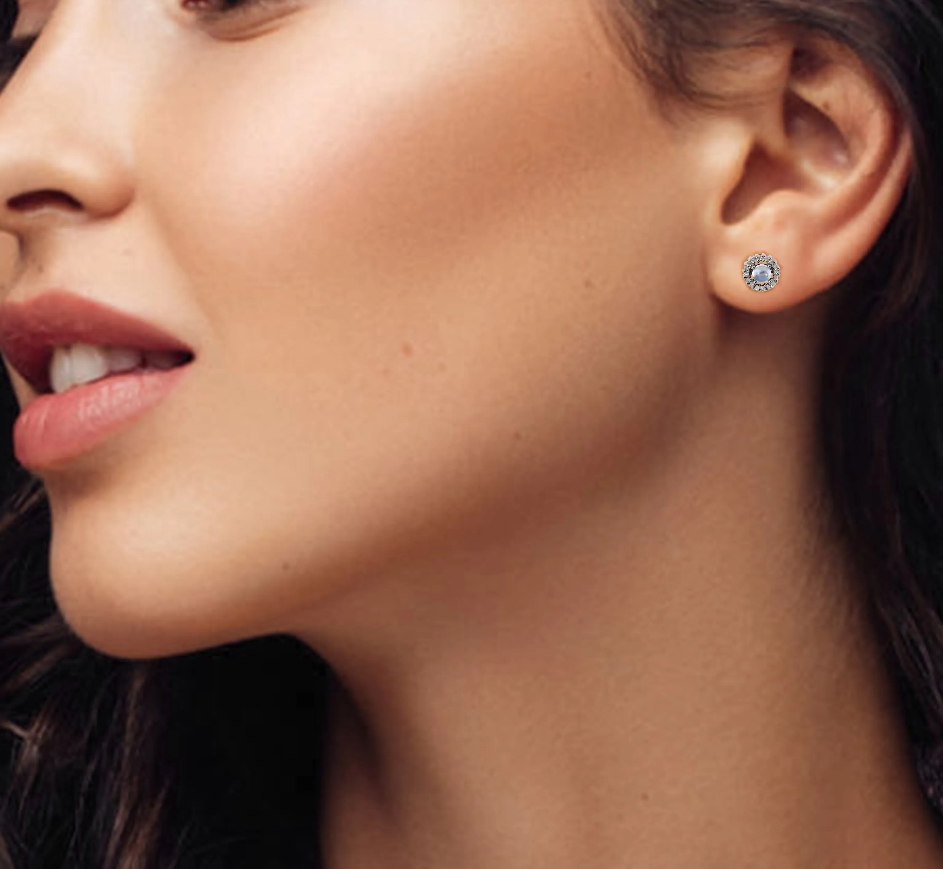 Rainbow Moonstone Diamond Halo Earrings