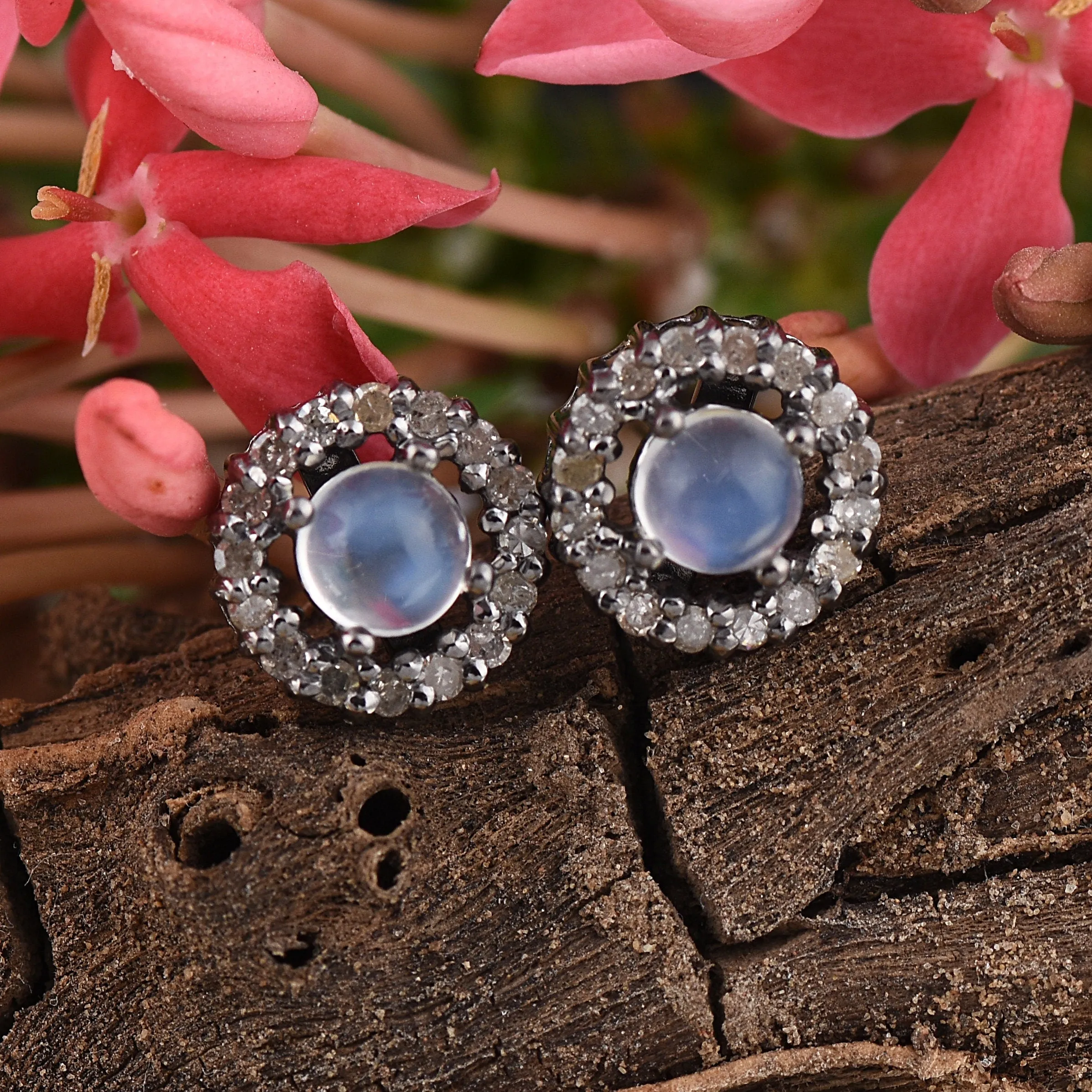 Rainbow Moonstone Diamond Halo Earrings