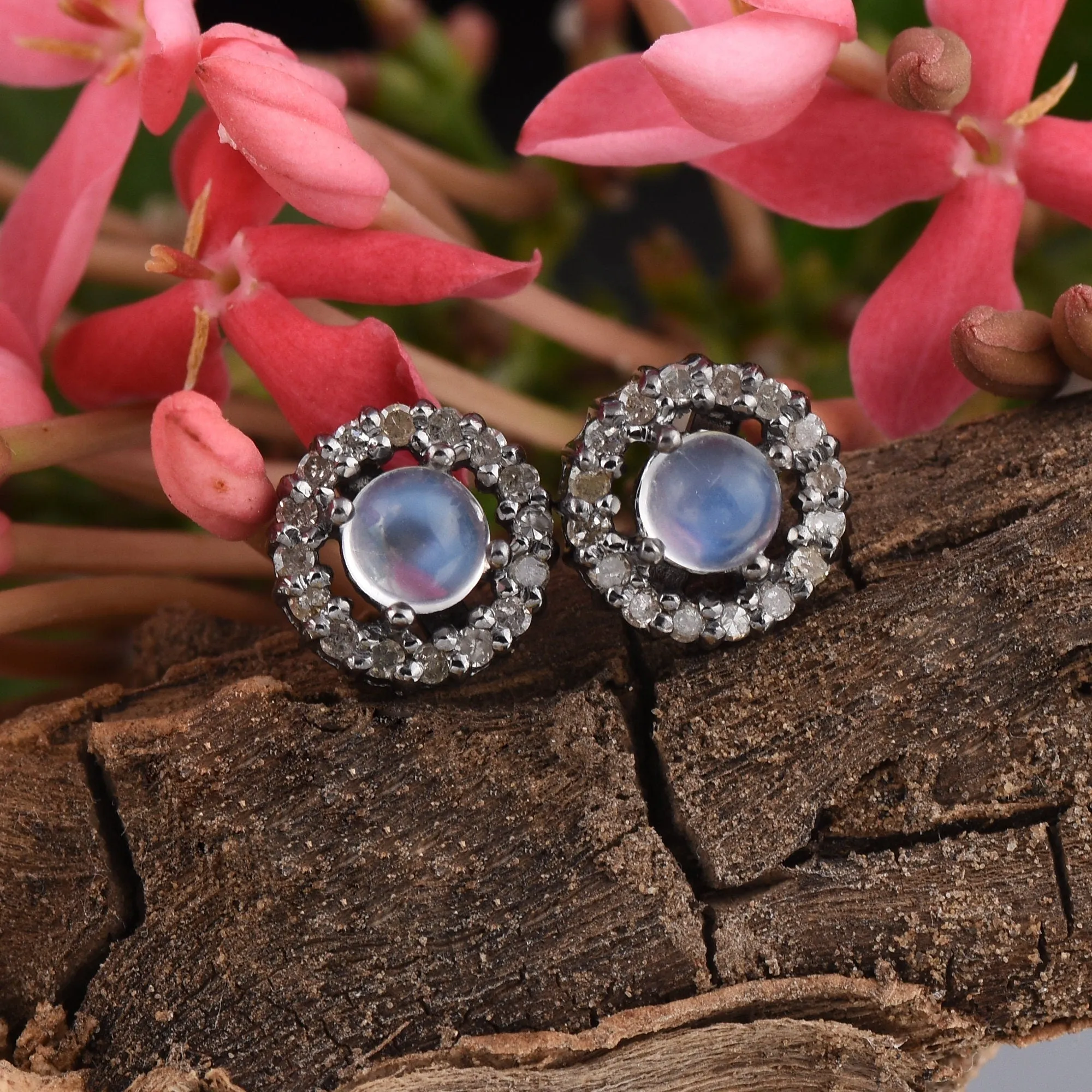 Rainbow Moonstone Diamond Halo Earrings
