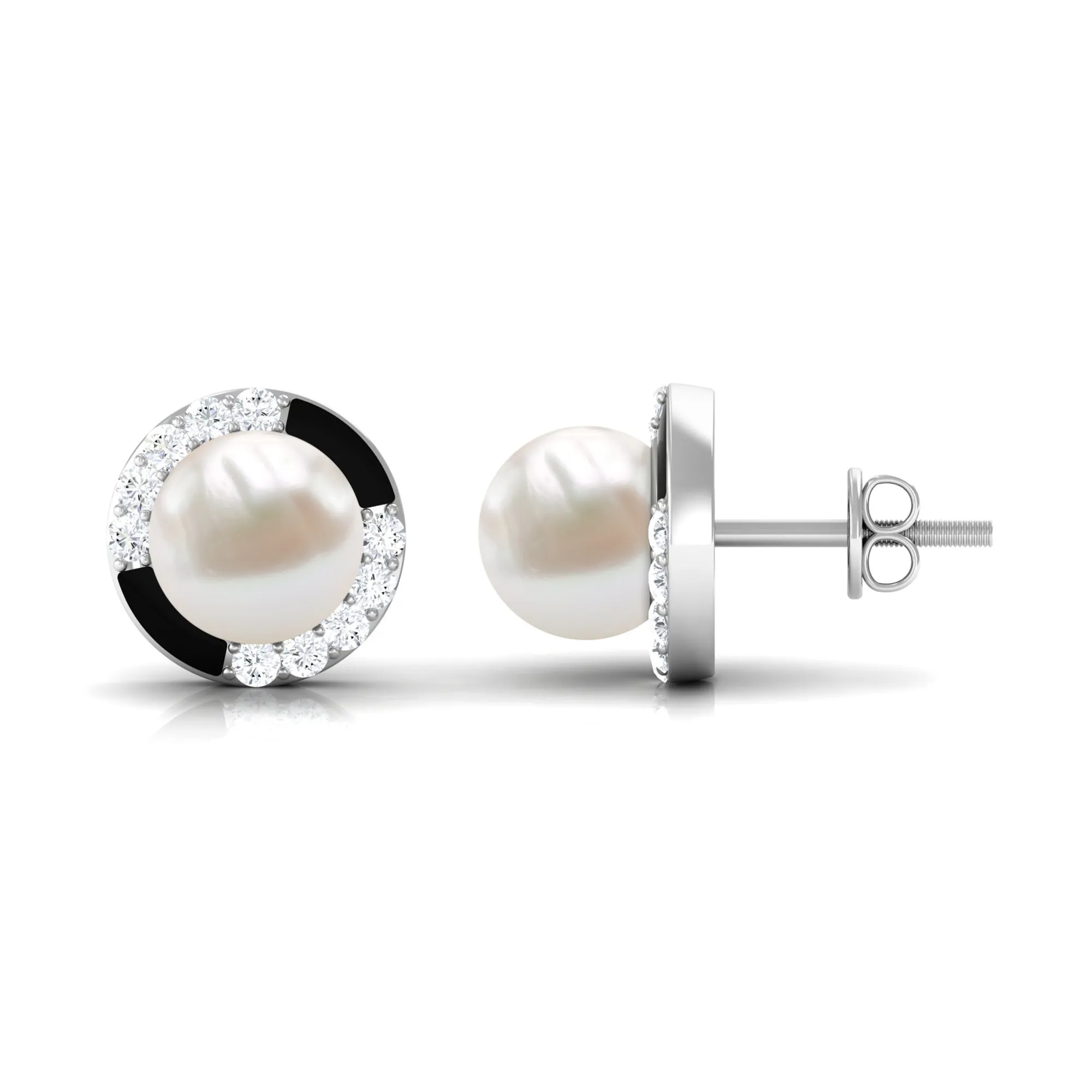 Real Freshwater Pearl Stud Earrings with Diamond