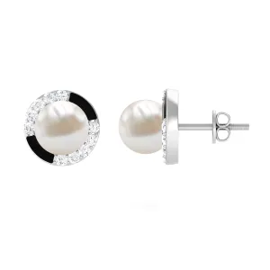 Real Freshwater Pearl Stud Earrings with Diamond