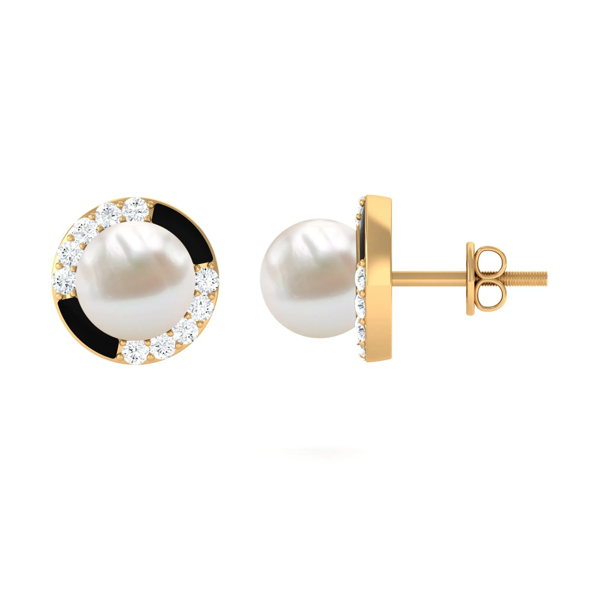 Real Freshwater Pearl Stud Earrings with Diamond