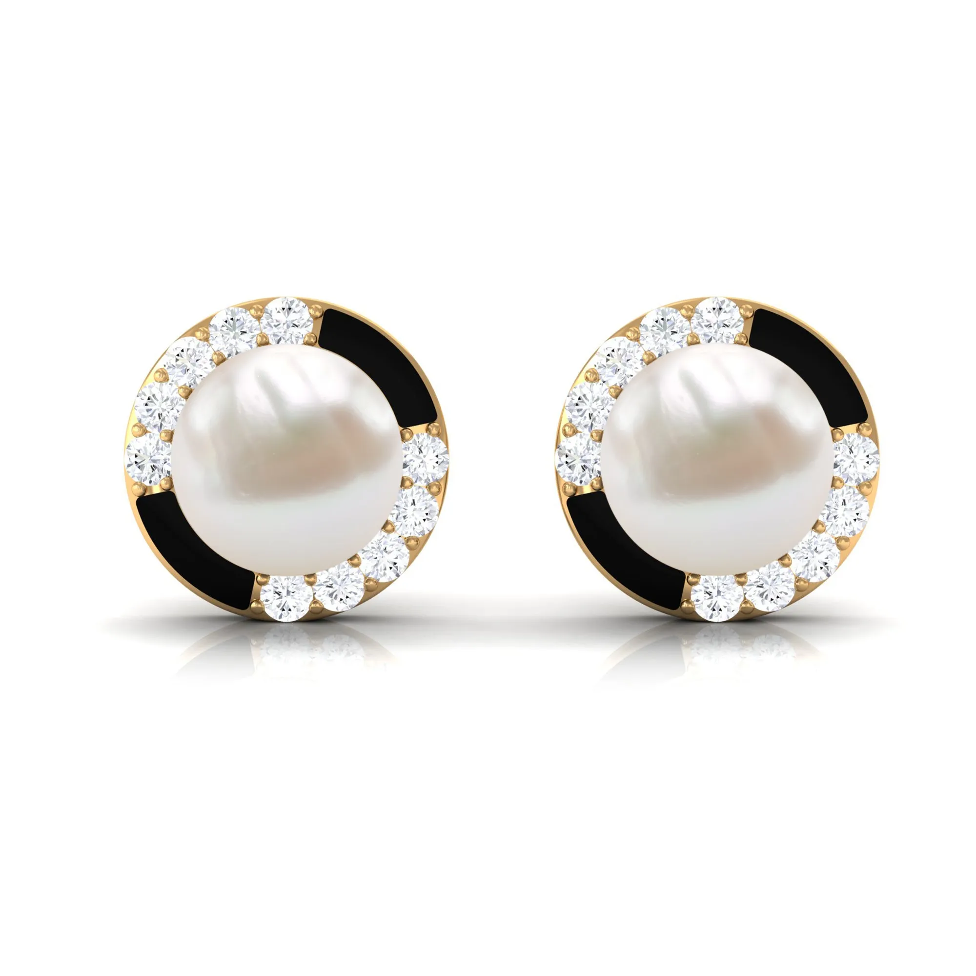 Real Freshwater Pearl Stud Earrings with Diamond