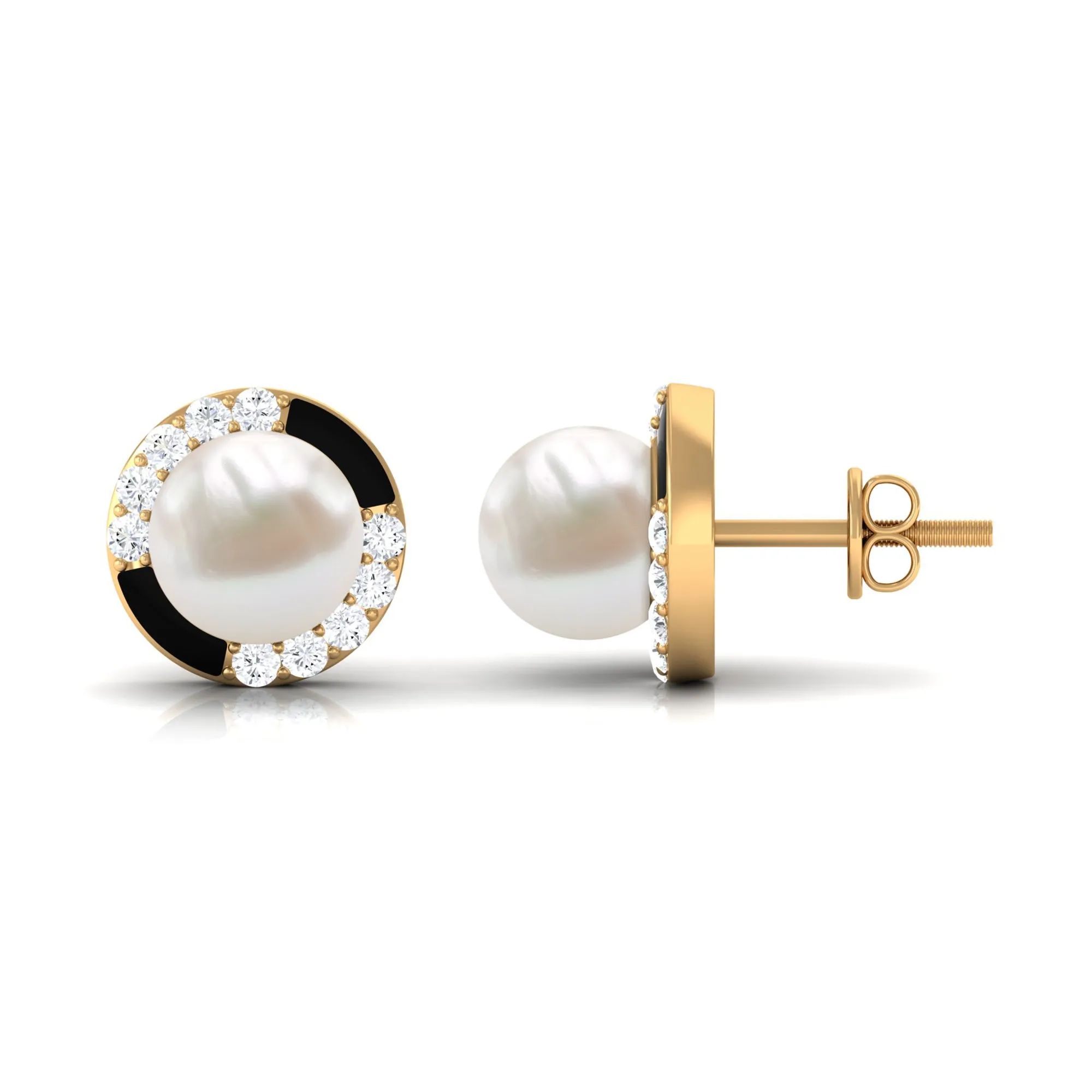 Real Freshwater Pearl Stud Earrings with Diamond