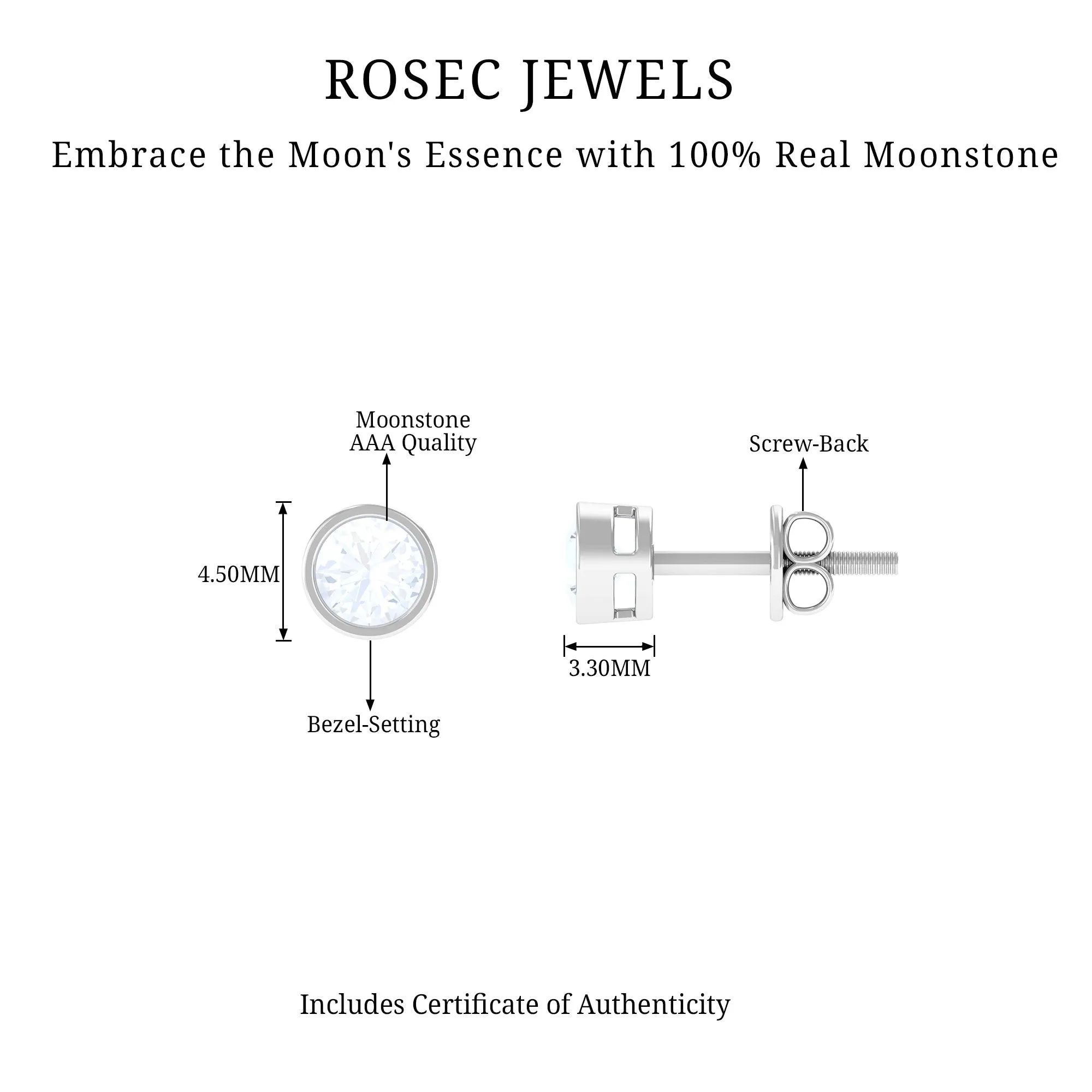 Real Moonstone Solitaire Stud Earrings in Bezel Setting