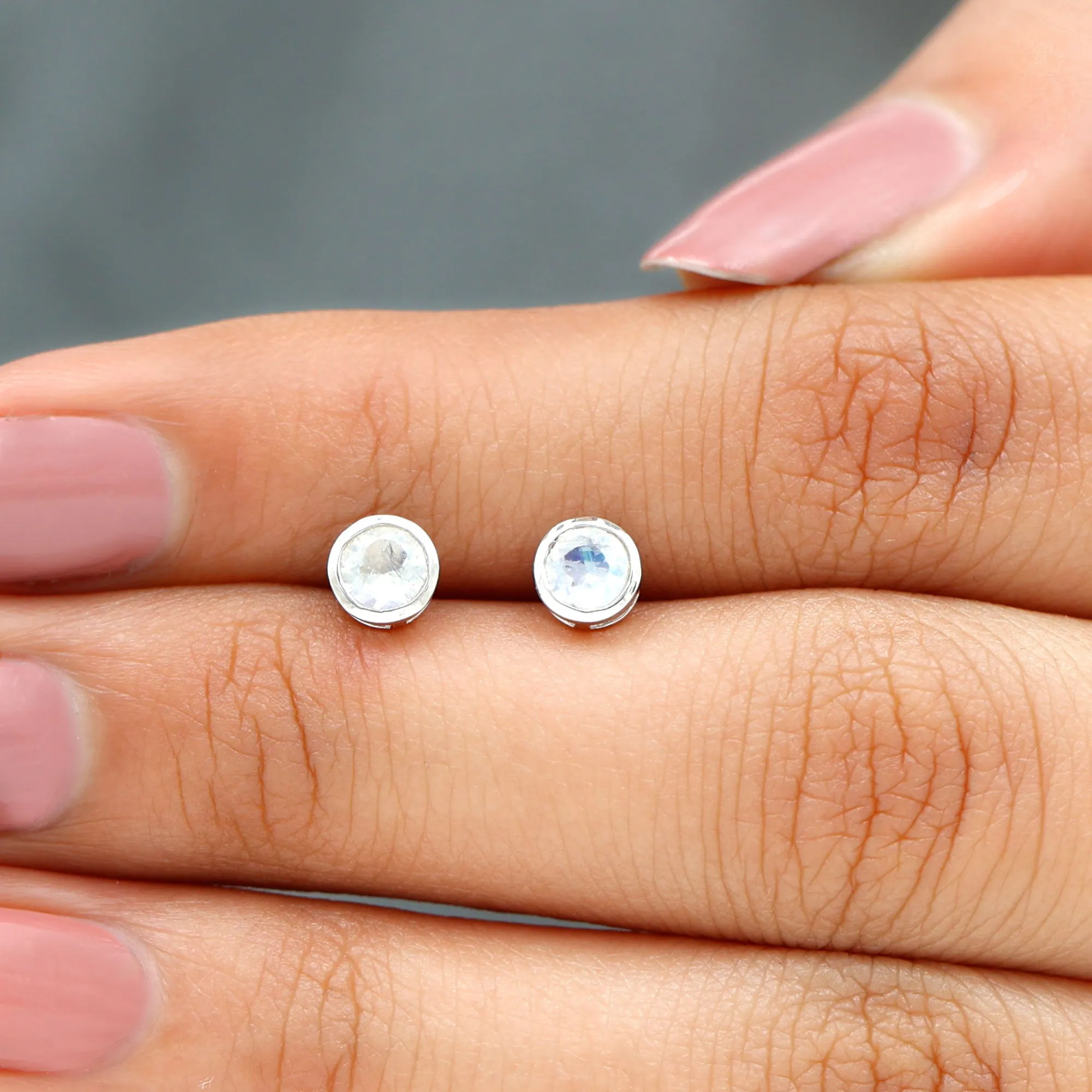Real Moonstone Solitaire Stud Earrings in Bezel Setting