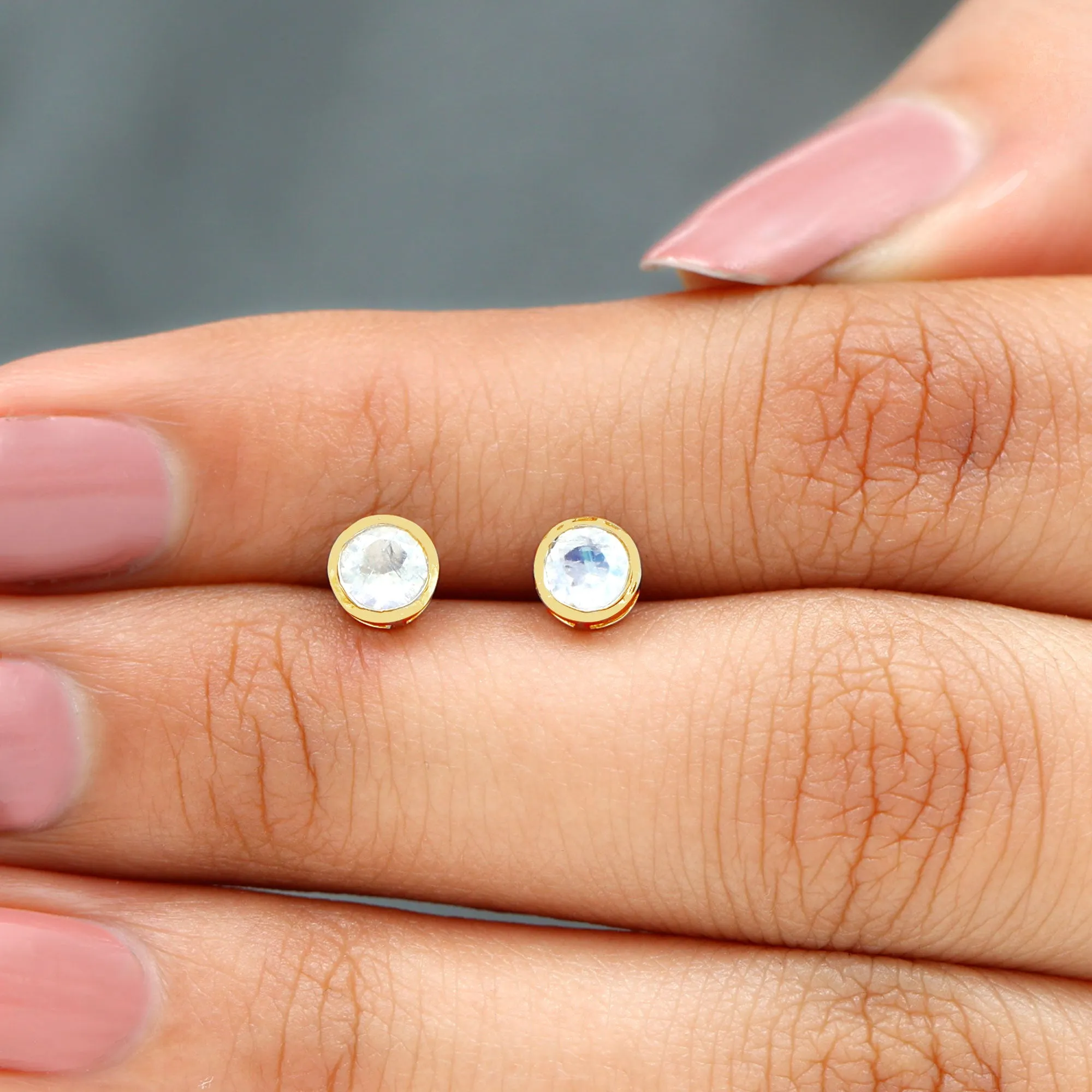 Real Moonstone Solitaire Stud Earrings in Bezel Setting