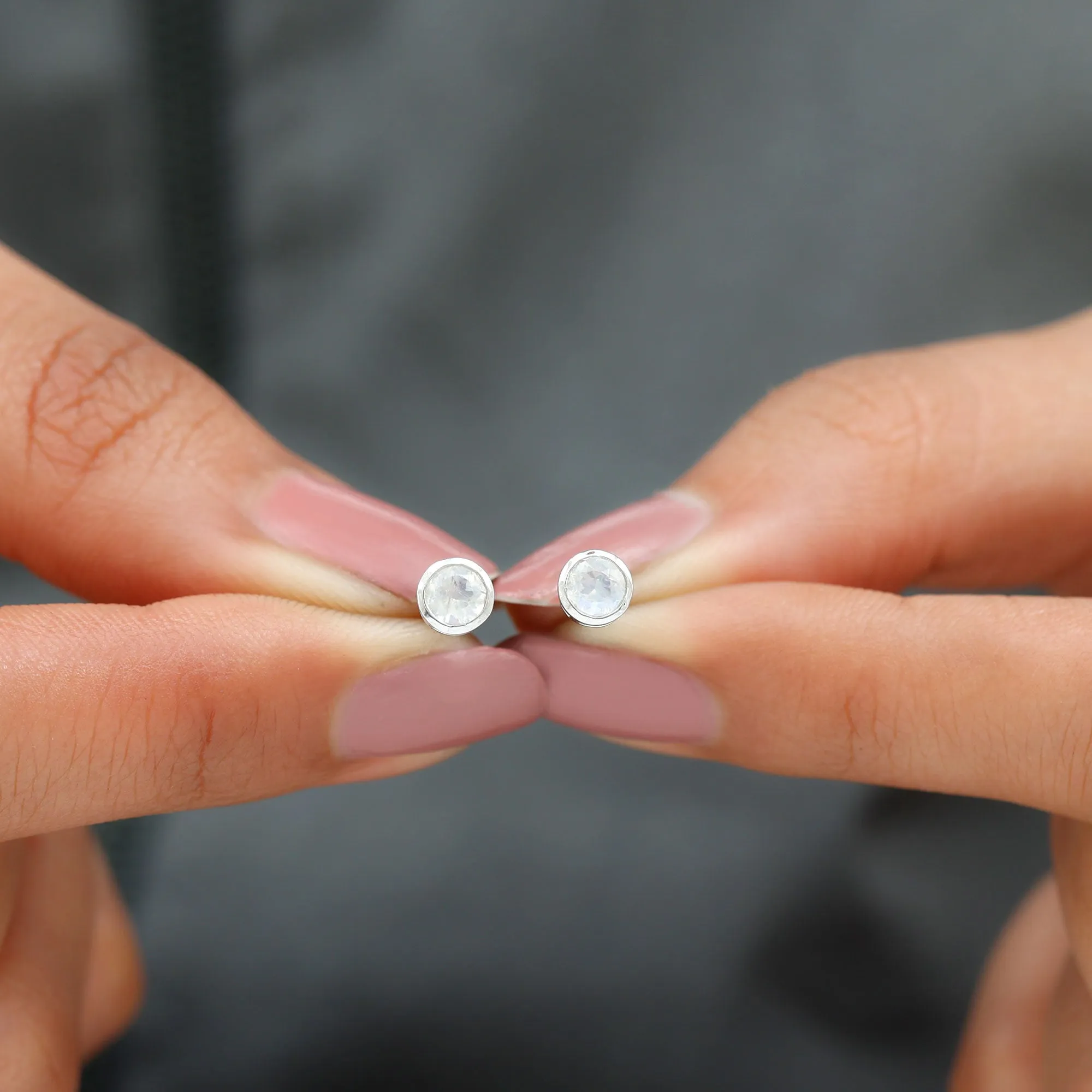 Real Moonstone Solitaire Stud Earrings in Bezel Setting