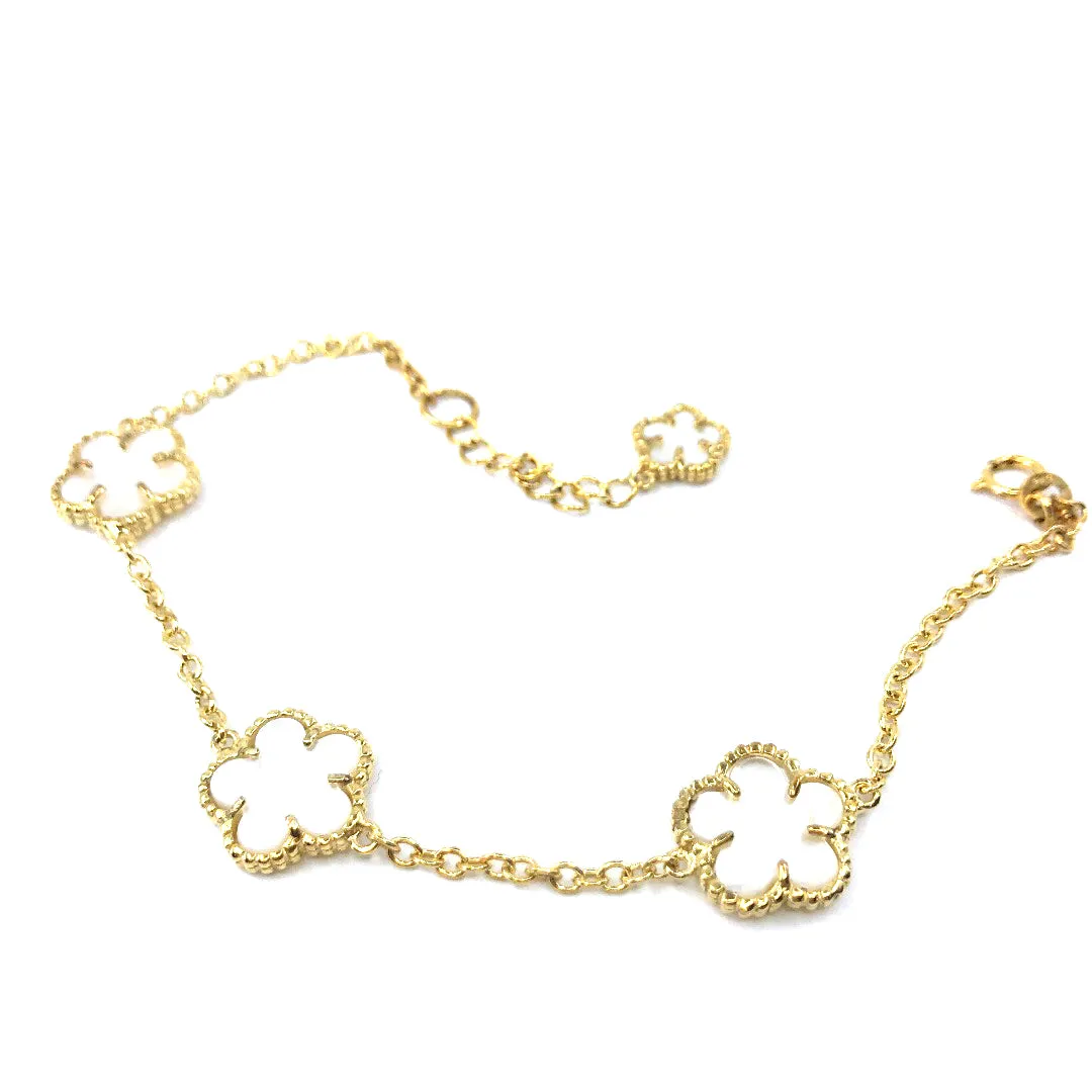 Rhodium / Gold Plated Sterling Silver Mother of Pearl Flower Bracelet