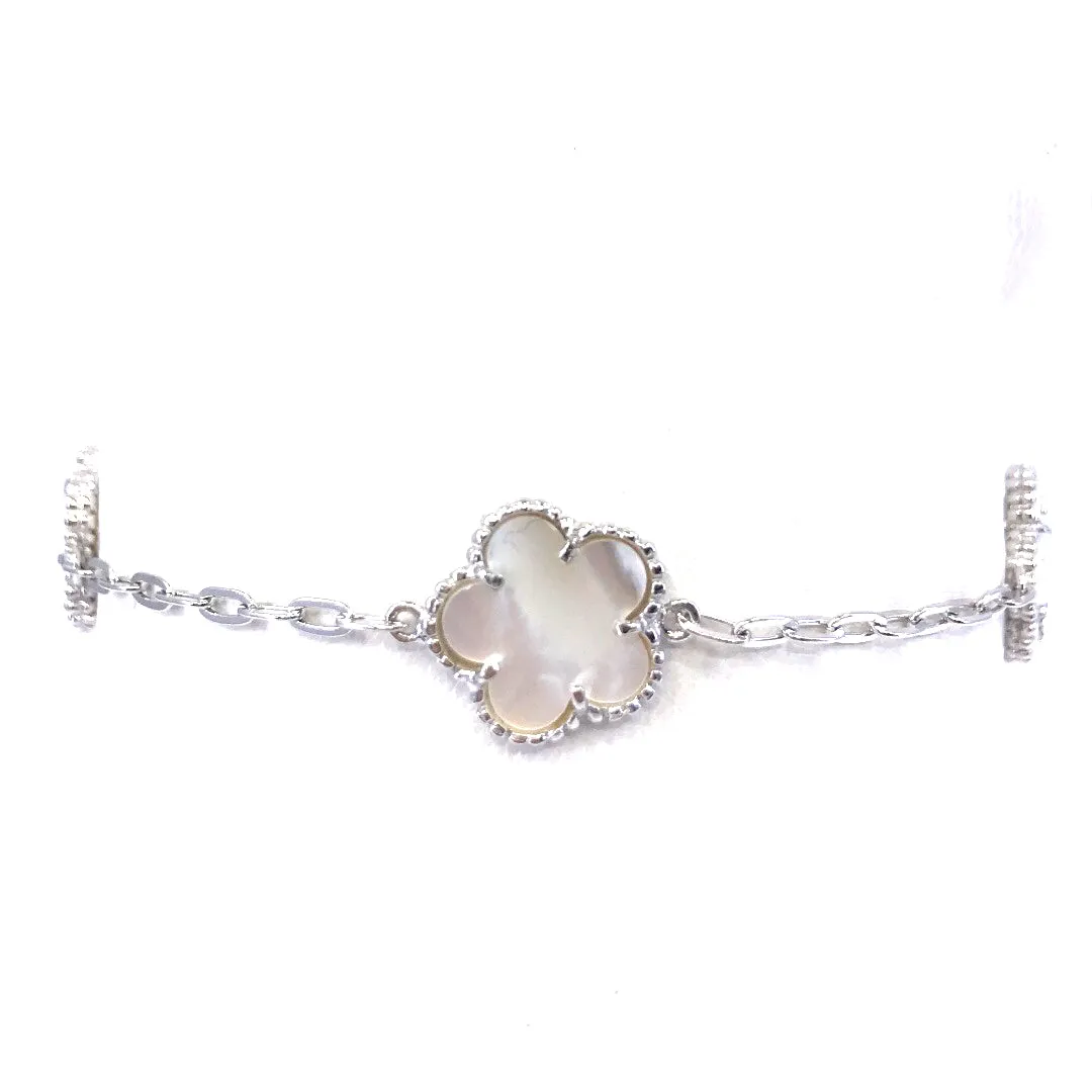 Rhodium / Gold Plated Sterling Silver Mother of Pearl Flower Bracelet