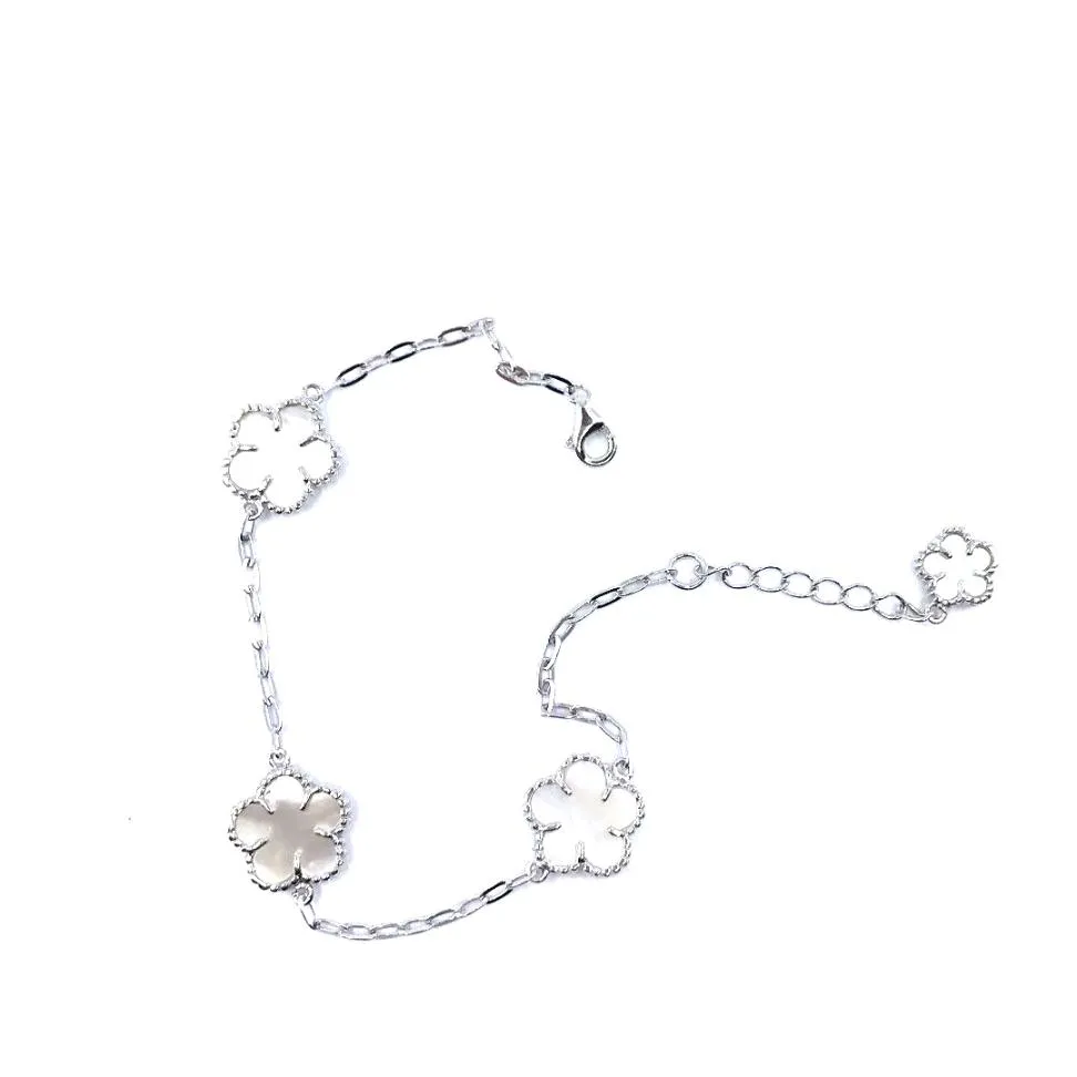 Rhodium / Gold Plated Sterling Silver Mother of Pearl Flower Bracelet